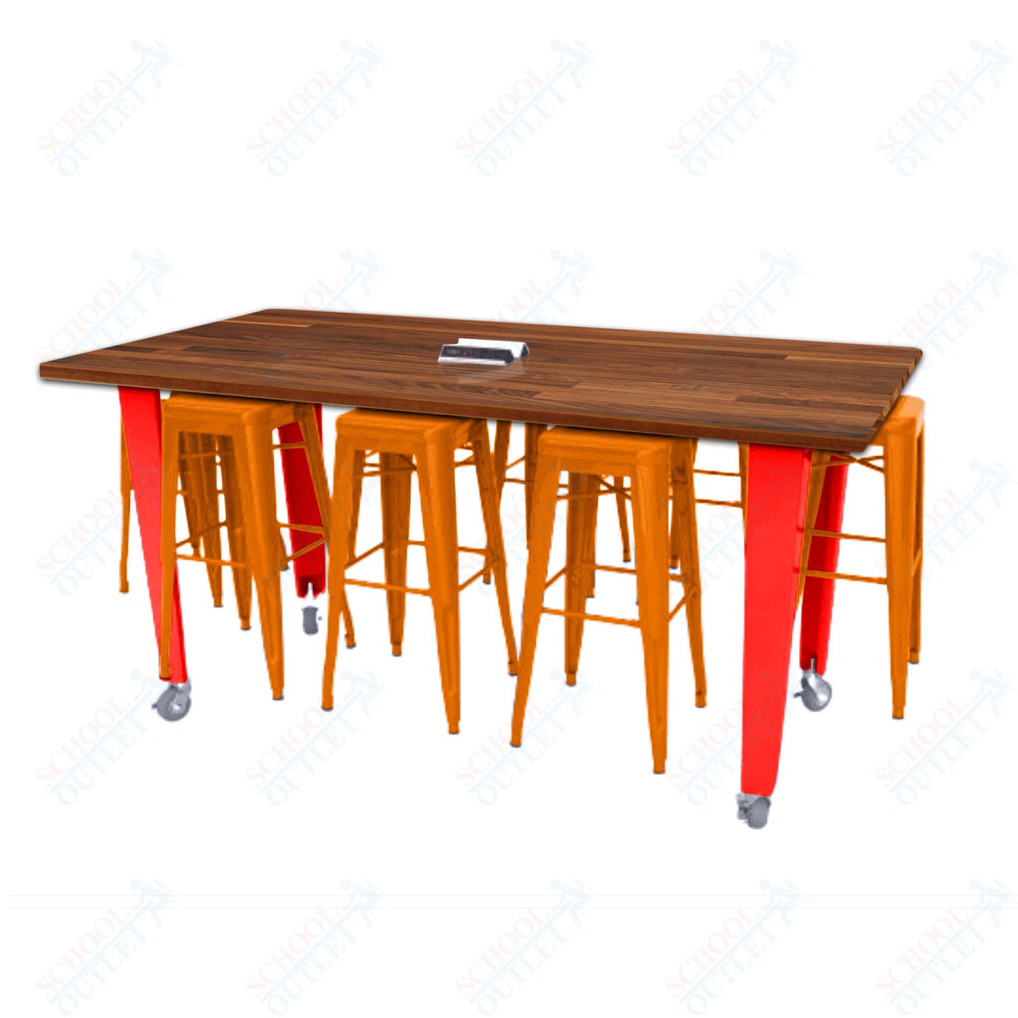 CEF IDEA Island Table 42" Height w/ 8-Seat - Butcher Block Top 84"W x 48"D with Steel Frame, 8 Stools and a Pop-up Dual Dock Electrical Station