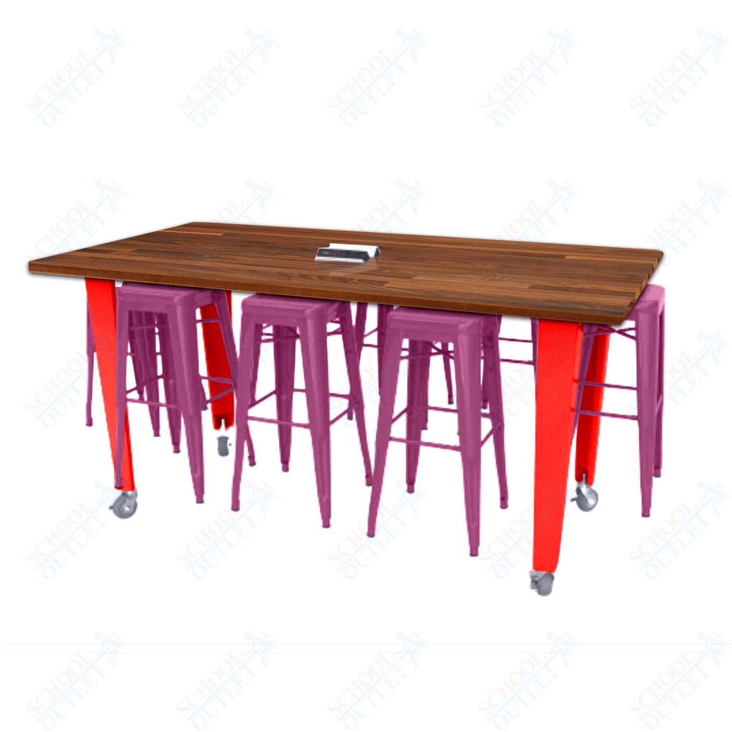 CEF IDEA Island Table 42" Height w/ 8-Seat - Butcher Block Top 84"W x 48"D with Steel Frame, 8 Stools and a Pop-up Dual Dock Electrical Station