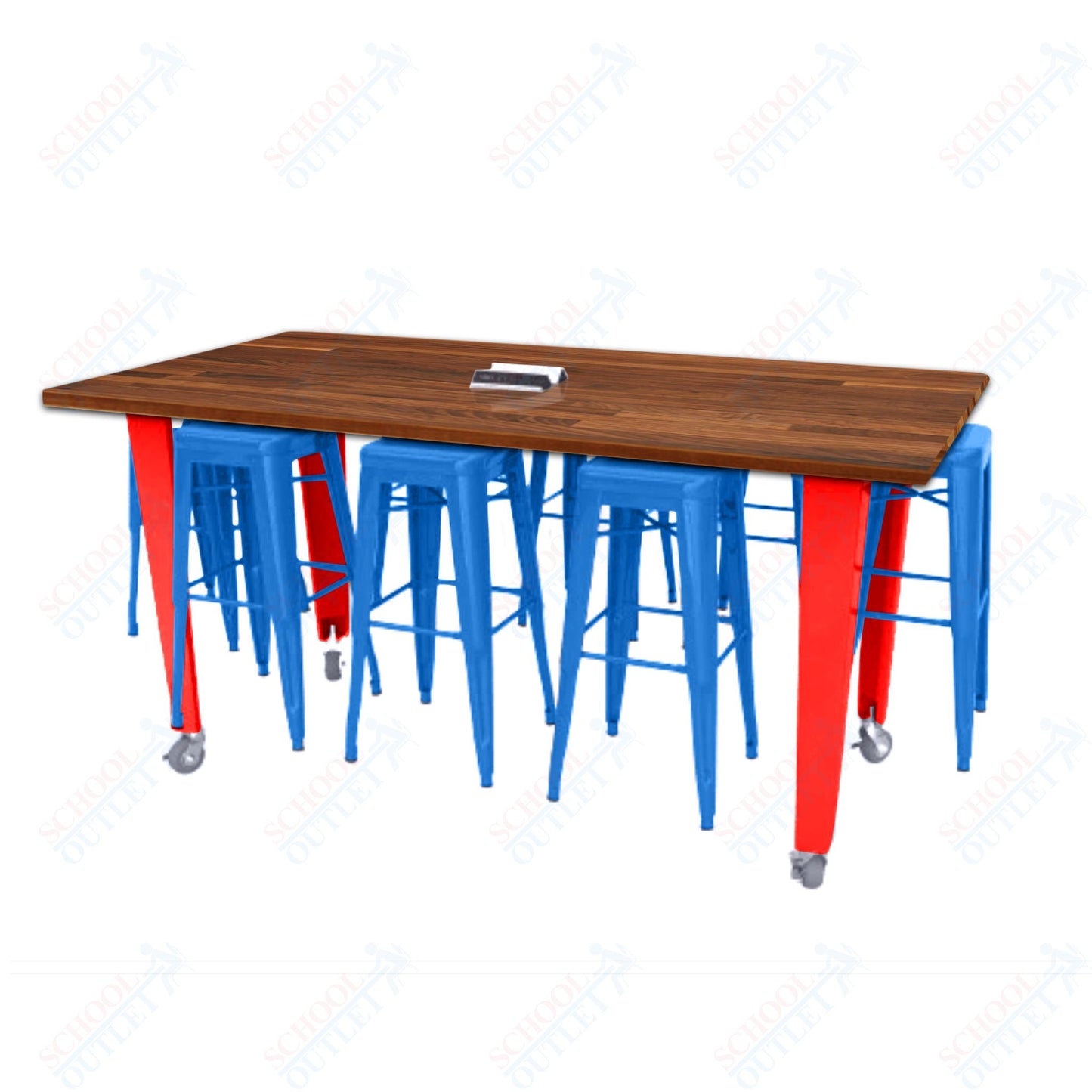 CEF IDEA Island Table 42" Height w/ 8-Seat - Butcher Block Top 84"W x 48"D with Steel Frame, 8 Stools and a Pop-up Dual Dock Electrical Station