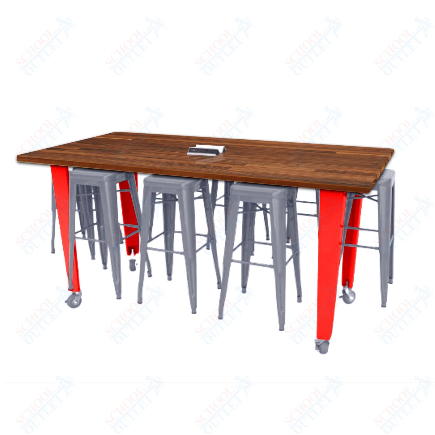 CEF IDEA Island Table 42" Height w/ 8-Seat - Butcher Block Top 84"W x 48"D with Steel Frame, 8 Stools and a Pop-up Dual Dock Electrical Station