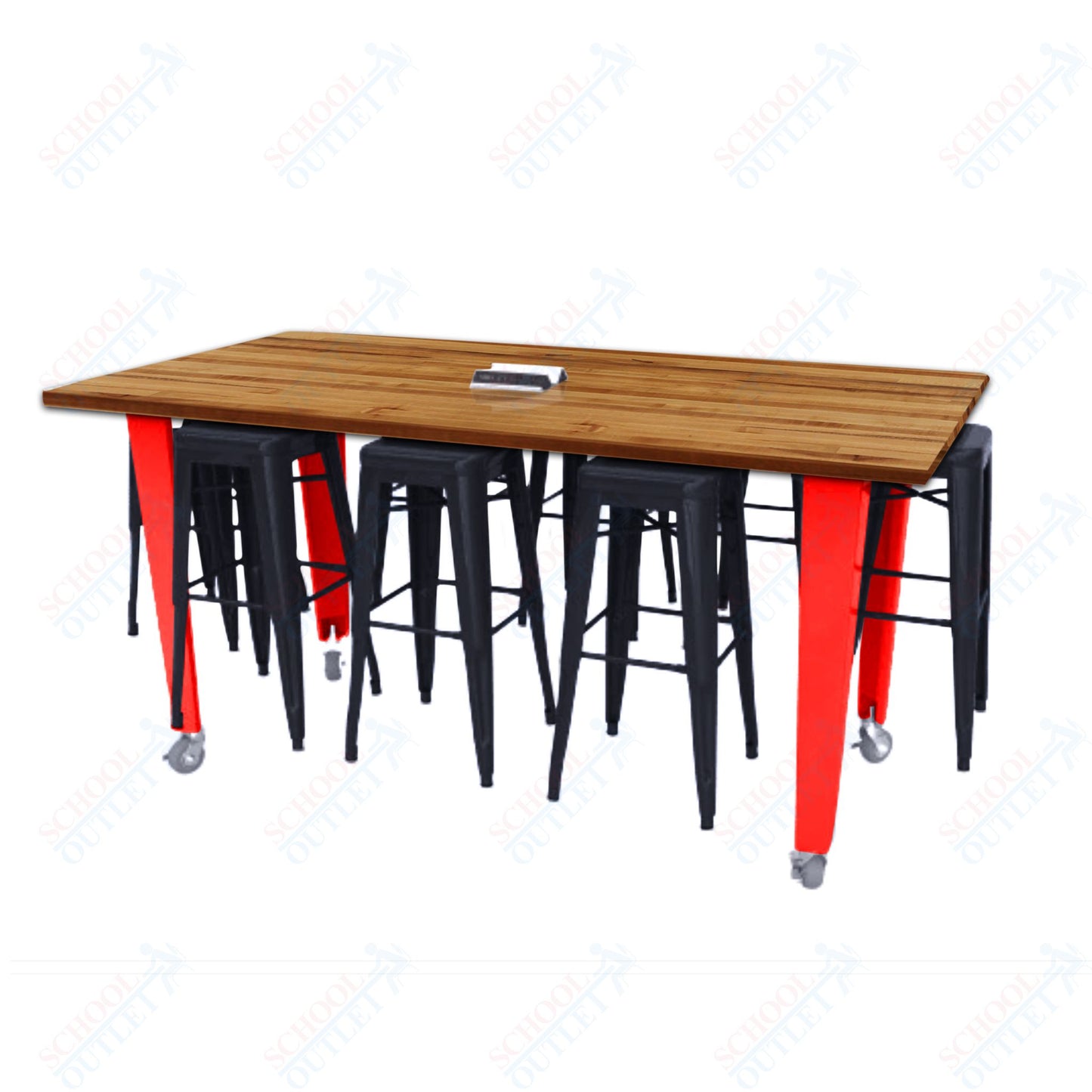 CEF IDEA Island Table 42" Height w/ 8-Seat - Butcher Block Top 84"W x 48"D with Steel Frame, 8 Stools and a Pop-up Dual Dock Electrical Station