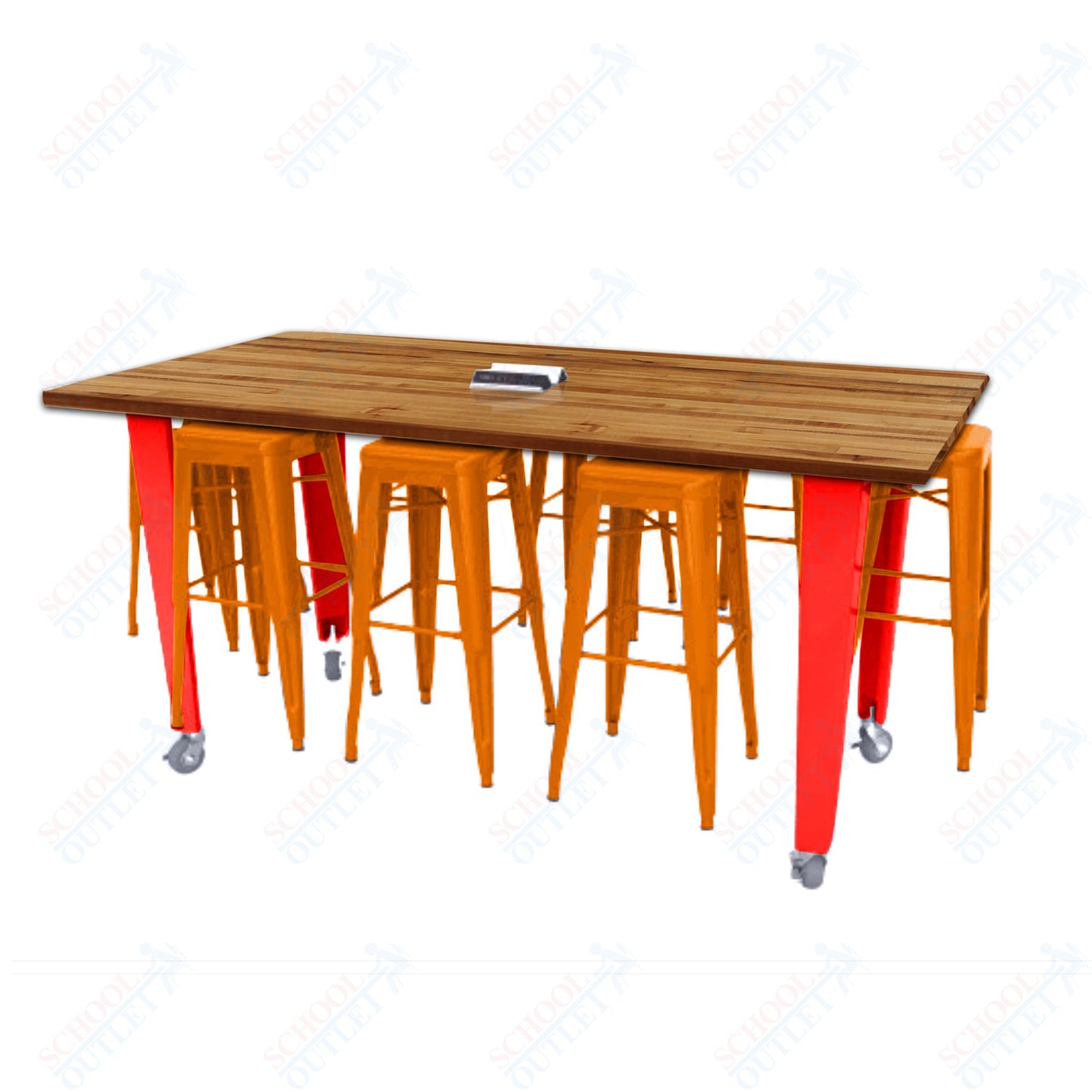 CEF IDEA Island Table 42" Height w/ 8-Seat - Butcher Block Top 84"W x 48"D with Steel Frame, 8 Stools and a Pop-up Dual Dock Electrical Station