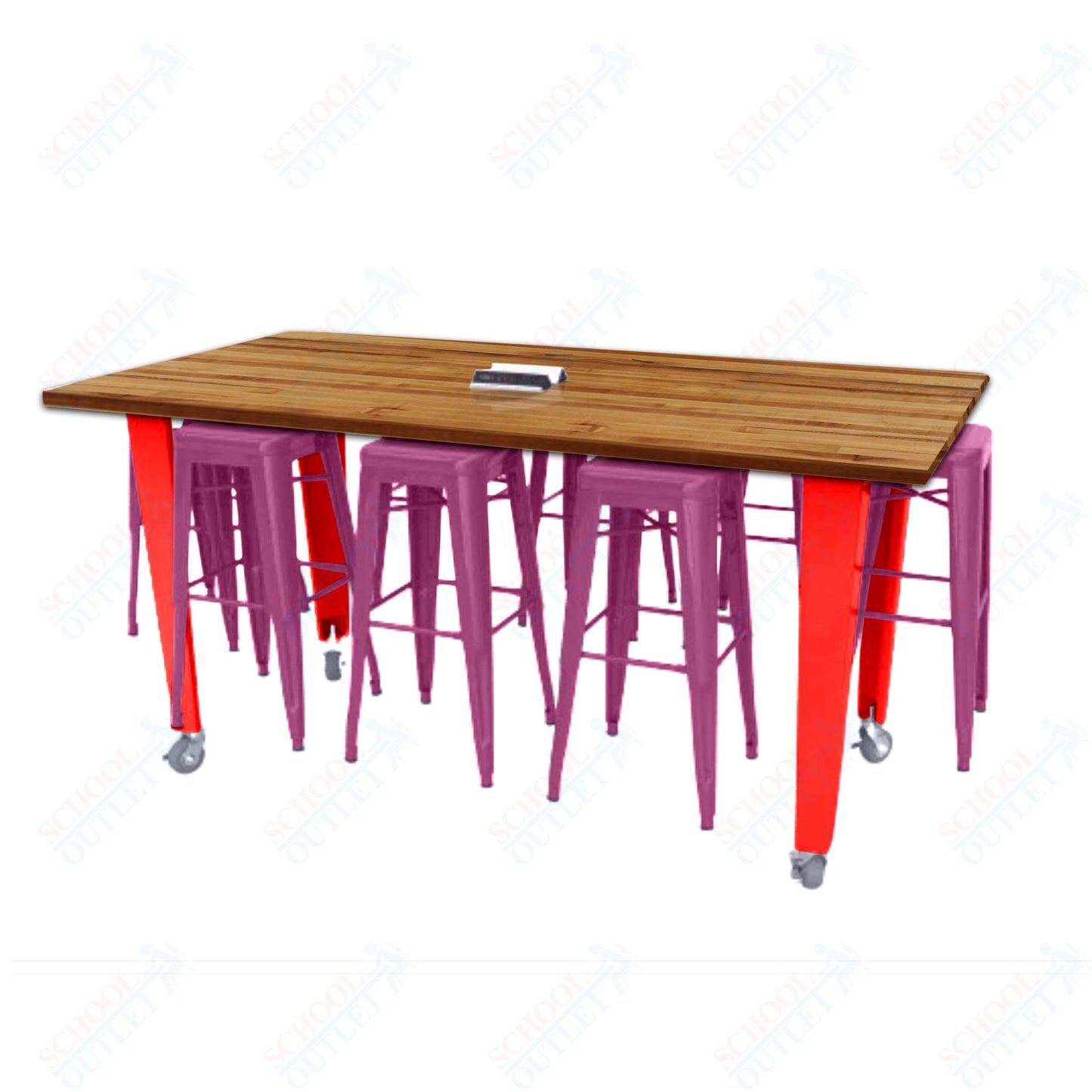 CEF IDEA Island Table 42" Height w/ 8-Seat - Butcher Block Top 84"W x 48"D with Steel Frame, 8 Stools and a Pop-up Dual Dock Electrical Station