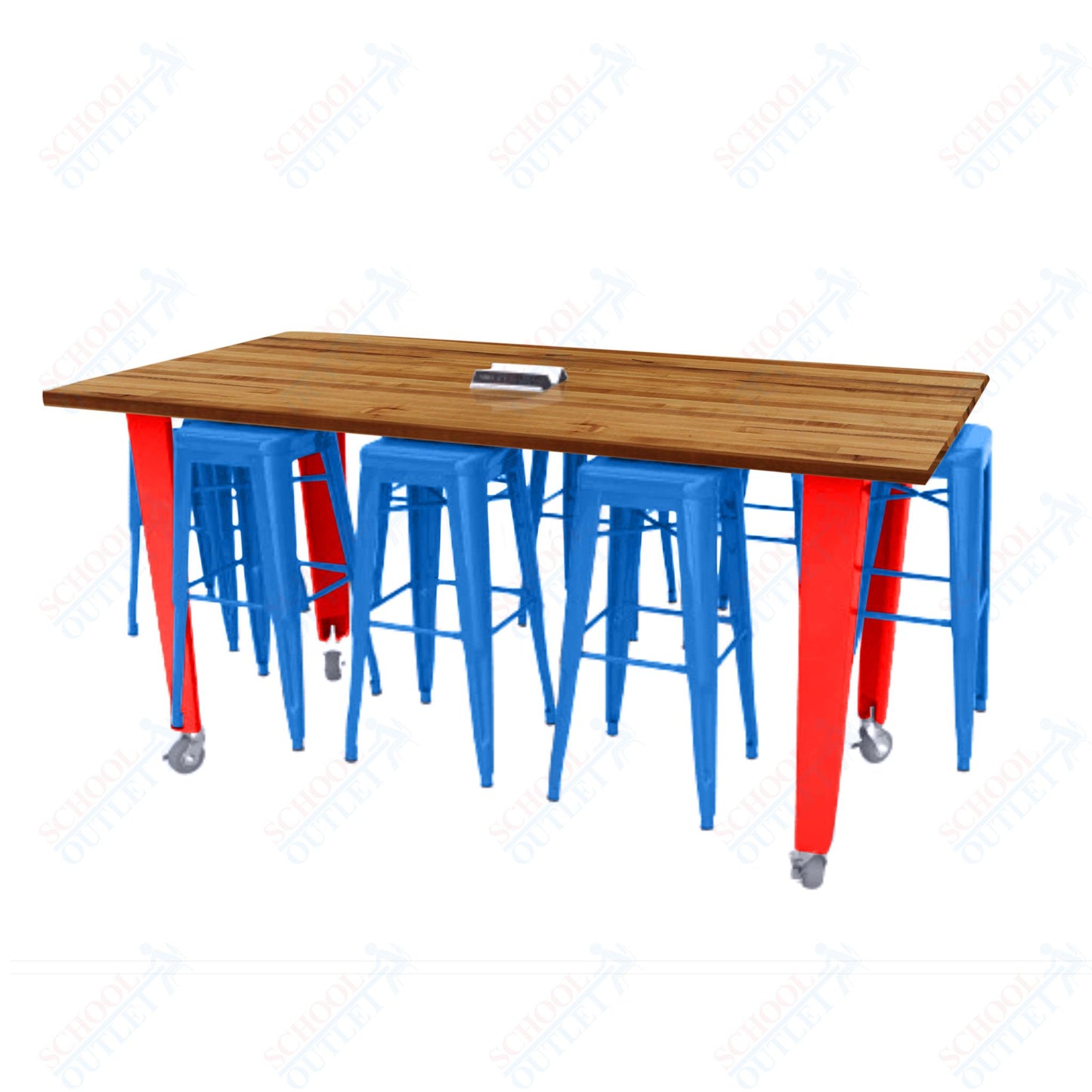 CEF IDEA Island Table 42" Height w/ 8-Seat - Butcher Block Top 84"W x 48"D with Steel Frame, 8 Stools and a Pop-up Dual Dock Electrical Station