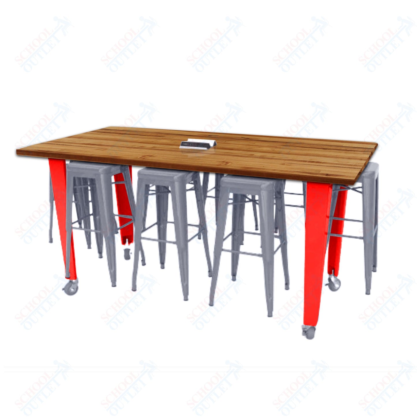 CEF IDEA Island Table 42" Height w/ 8-Seat - Butcher Block Top 84"W x 48"D with Steel Frame, 8 Stools and a Pop-up Dual Dock Electrical Station