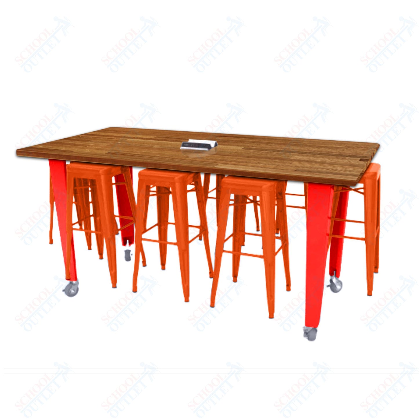 CEF IDEA Island Table 42" Height w/ 8-Seat - Butcher Block Top 84"W x 48"D with Steel Frame, 8 Stools and a Pop-up Dual Dock Electrical Station
