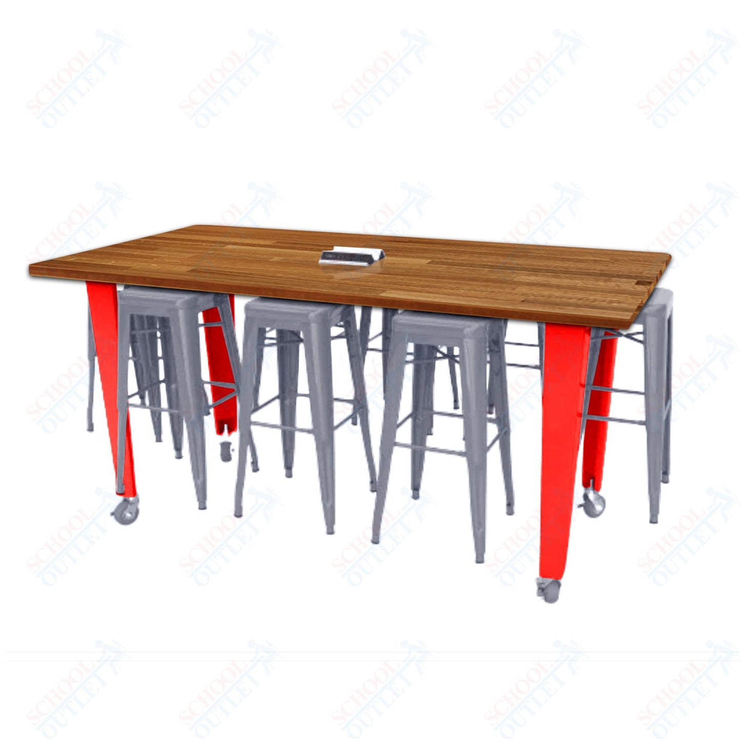 CEF IDEA Island Table 42" Height w/ 8-Seat - Butcher Block Top 84"W x 48"D with Steel Frame, 8 Stools and a Pop-up Dual Dock Electrical Station