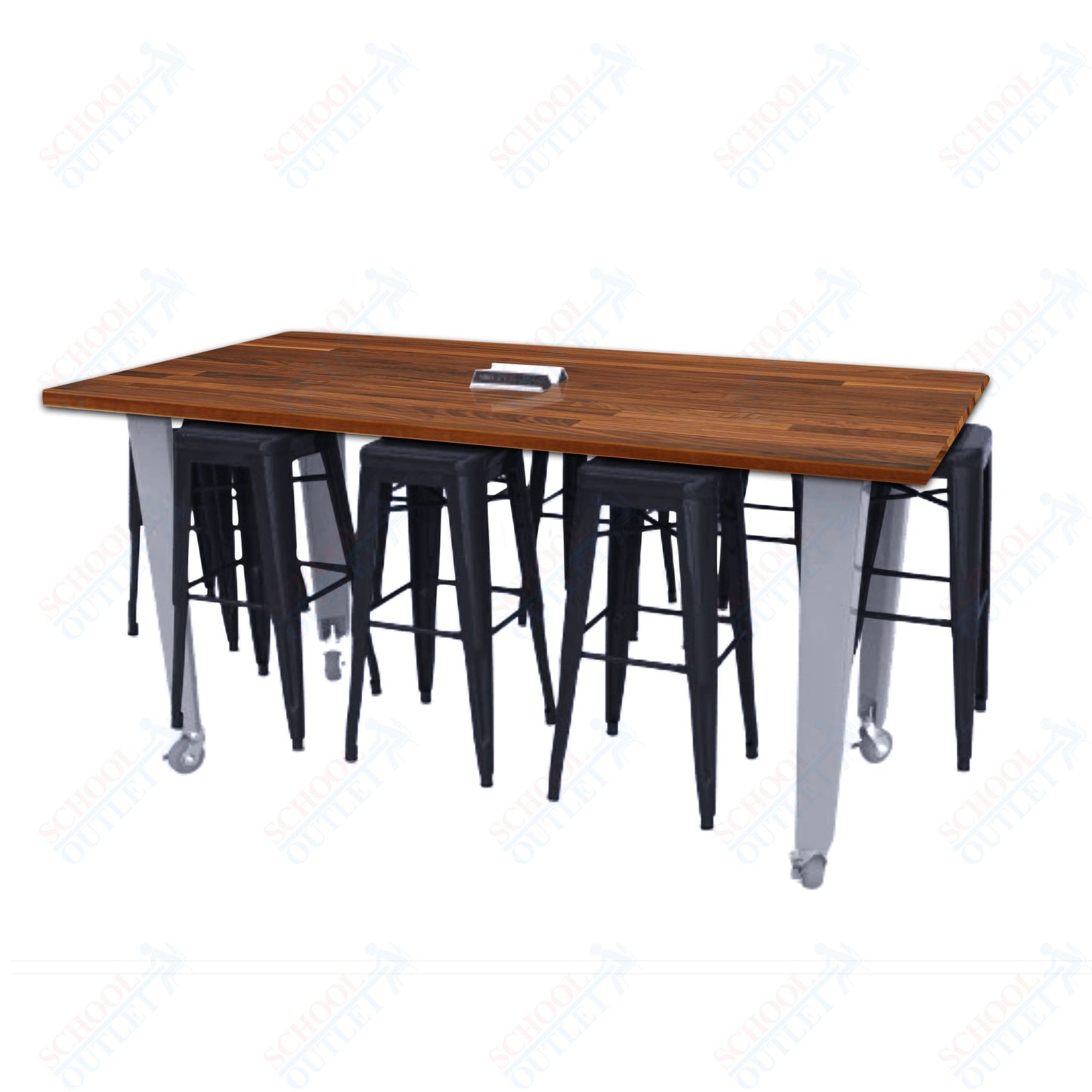 CEF IDEA Island Table 42" Height w/ 8-Seat - Butcher Block Top 84"W x 48"D with Steel Frame, 8 Stools and a Pop-up Dual Dock Electrical Station