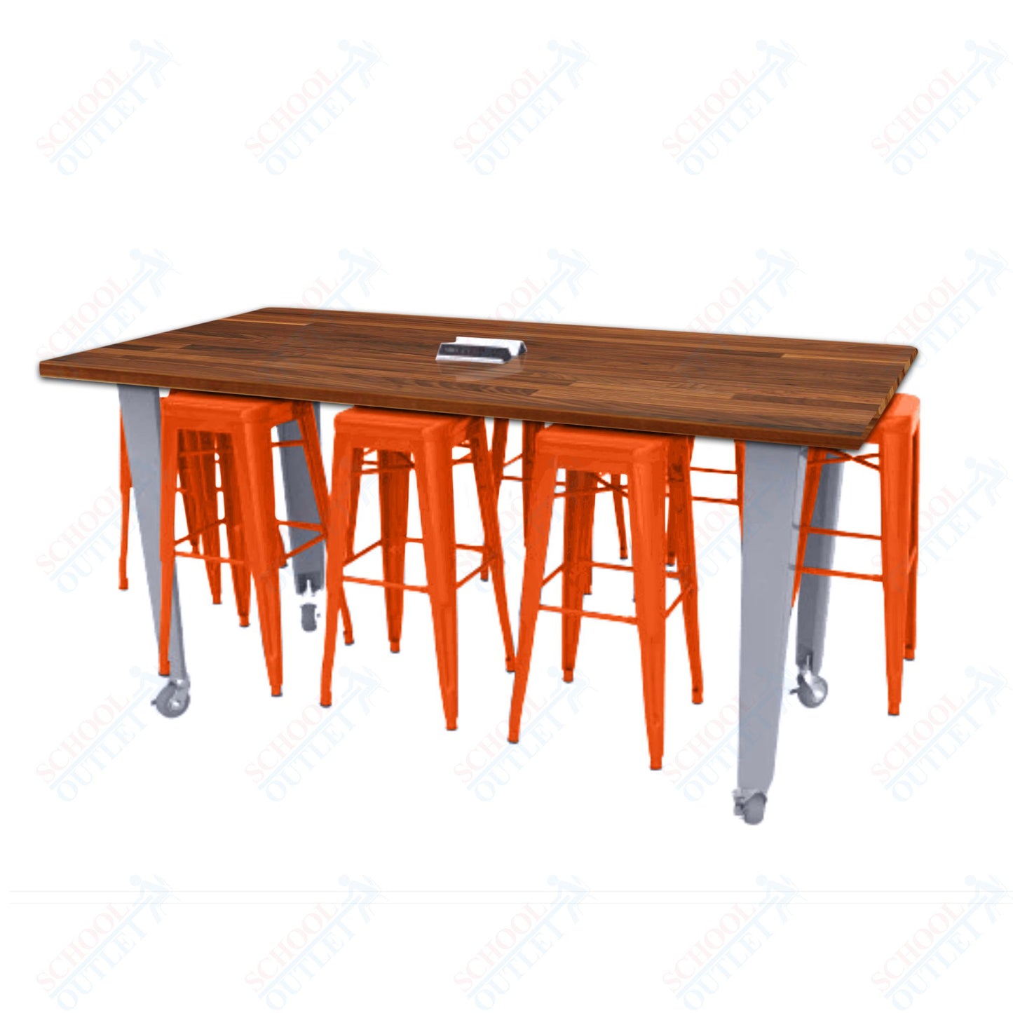 CEF IDEA Island Table 42" Height w/ 8-Seat - Butcher Block Top 84"W x 48"D with Steel Frame, 8 Stools and a Pop-up Dual Dock Electrical Station
