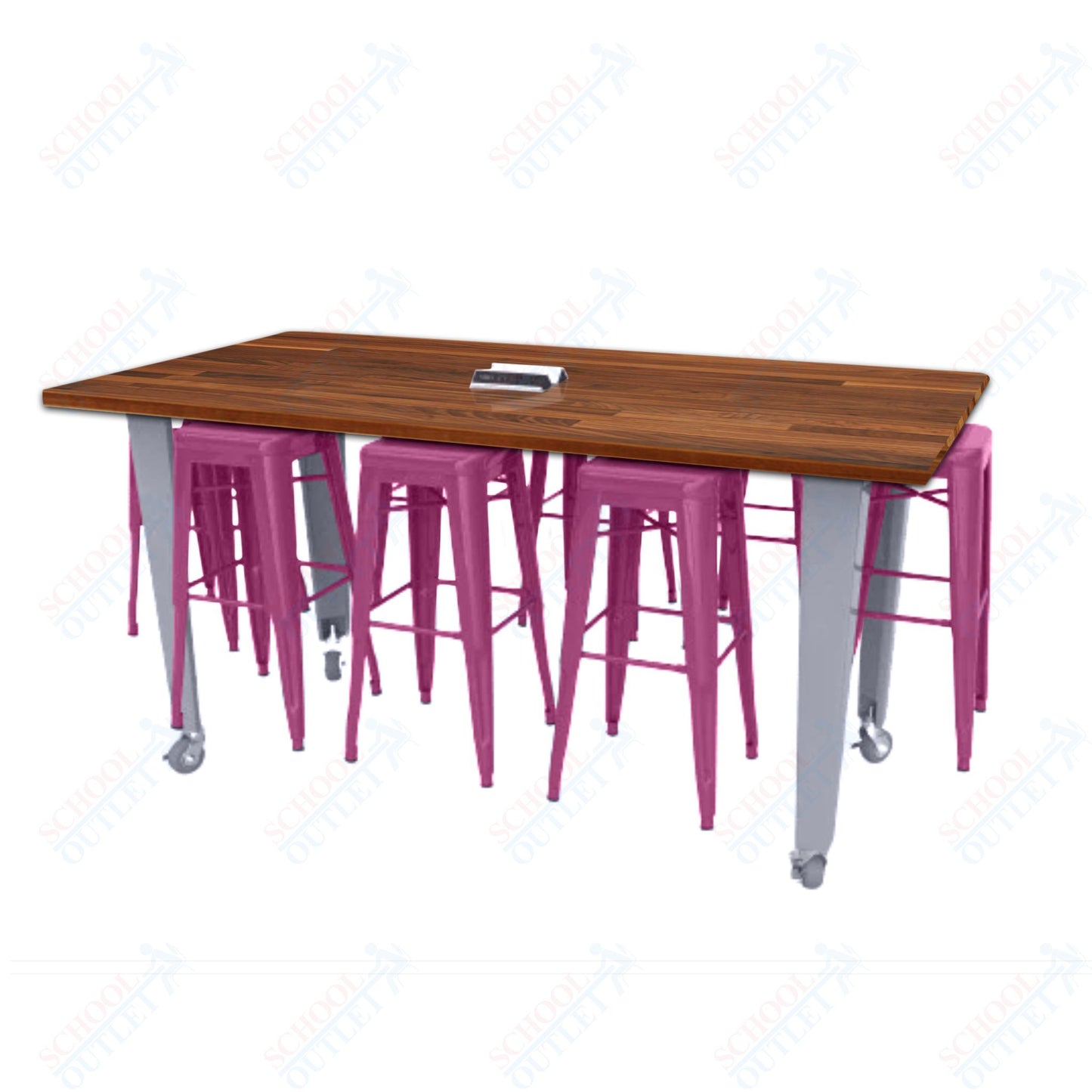 CEF IDEA Island Table 42" Height w/ 8-Seat - Butcher Block Top 84"W x 48"D with Steel Frame, 8 Stools and a Pop-up Dual Dock Electrical Station