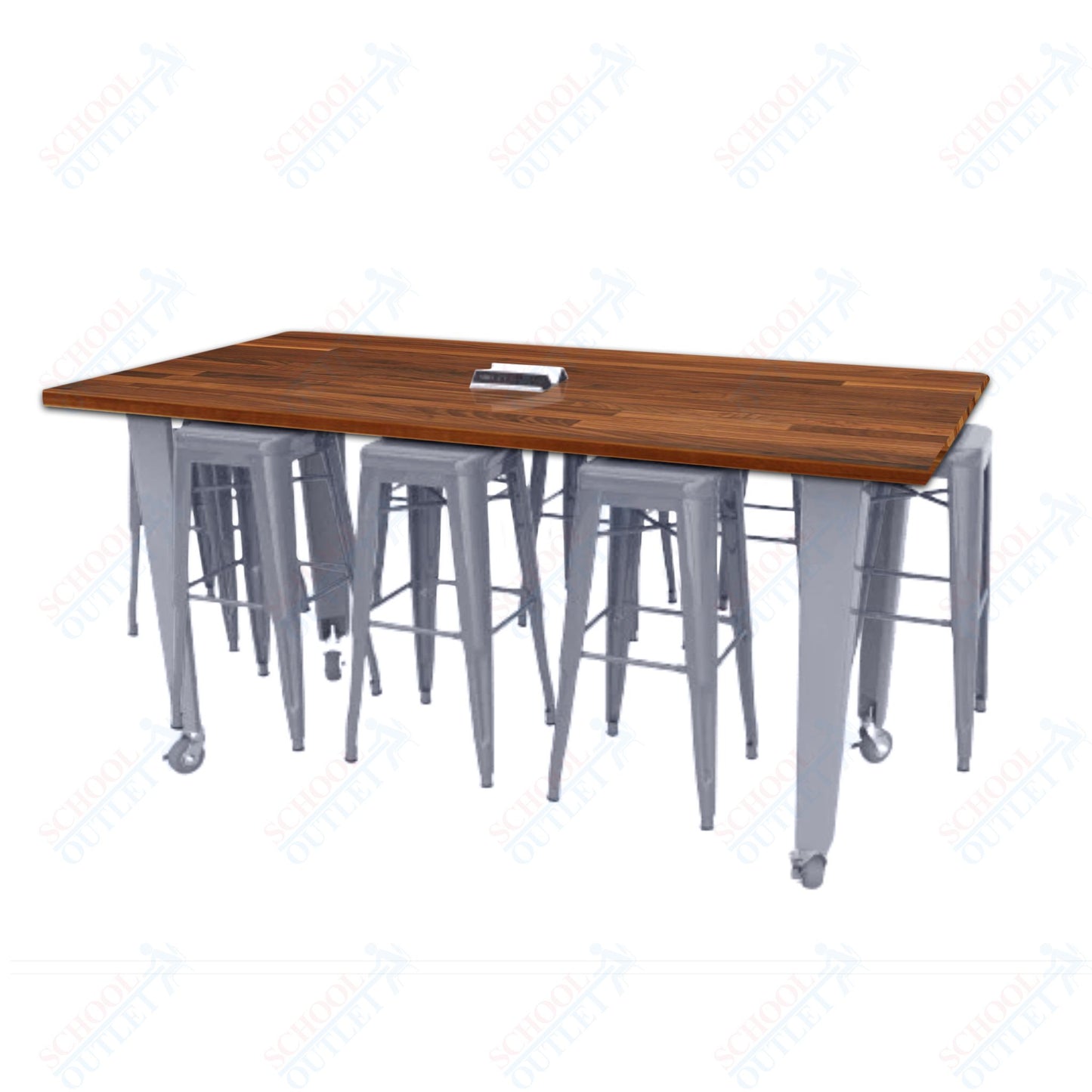 CEF IDEA Island Table 42" Height w/ 8-Seat - Butcher Block Top 84"W x 48"D with Steel Frame, 8 Stools and a Pop-up Dual Dock Electrical Station
