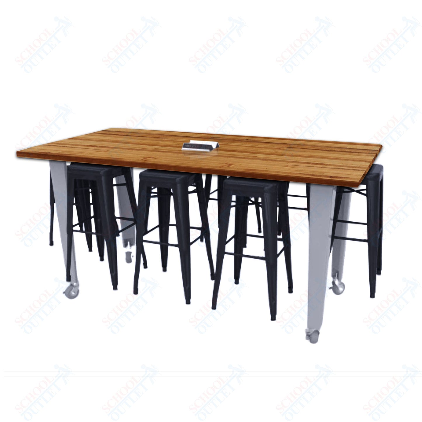CEF IDEA Island Table 42" Height w/ 8-Seat - Butcher Block Top 84"W x 48"D with Steel Frame, 8 Stools and a Pop-up Dual Dock Electrical Station