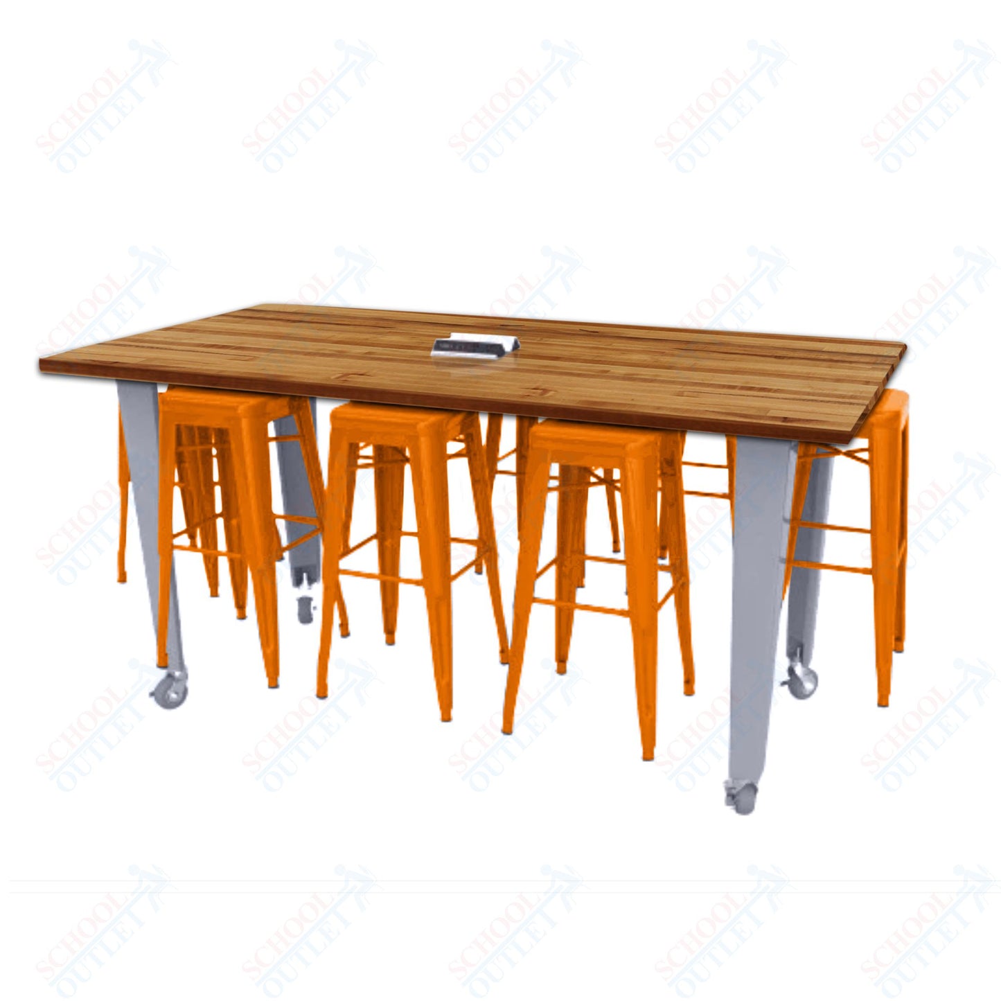 CEF IDEA Island Table 42" Height w/ 8-Seat - Butcher Block Top 84"W x 48"D with Steel Frame, 8 Stools and a Pop-up Dual Dock Electrical Station