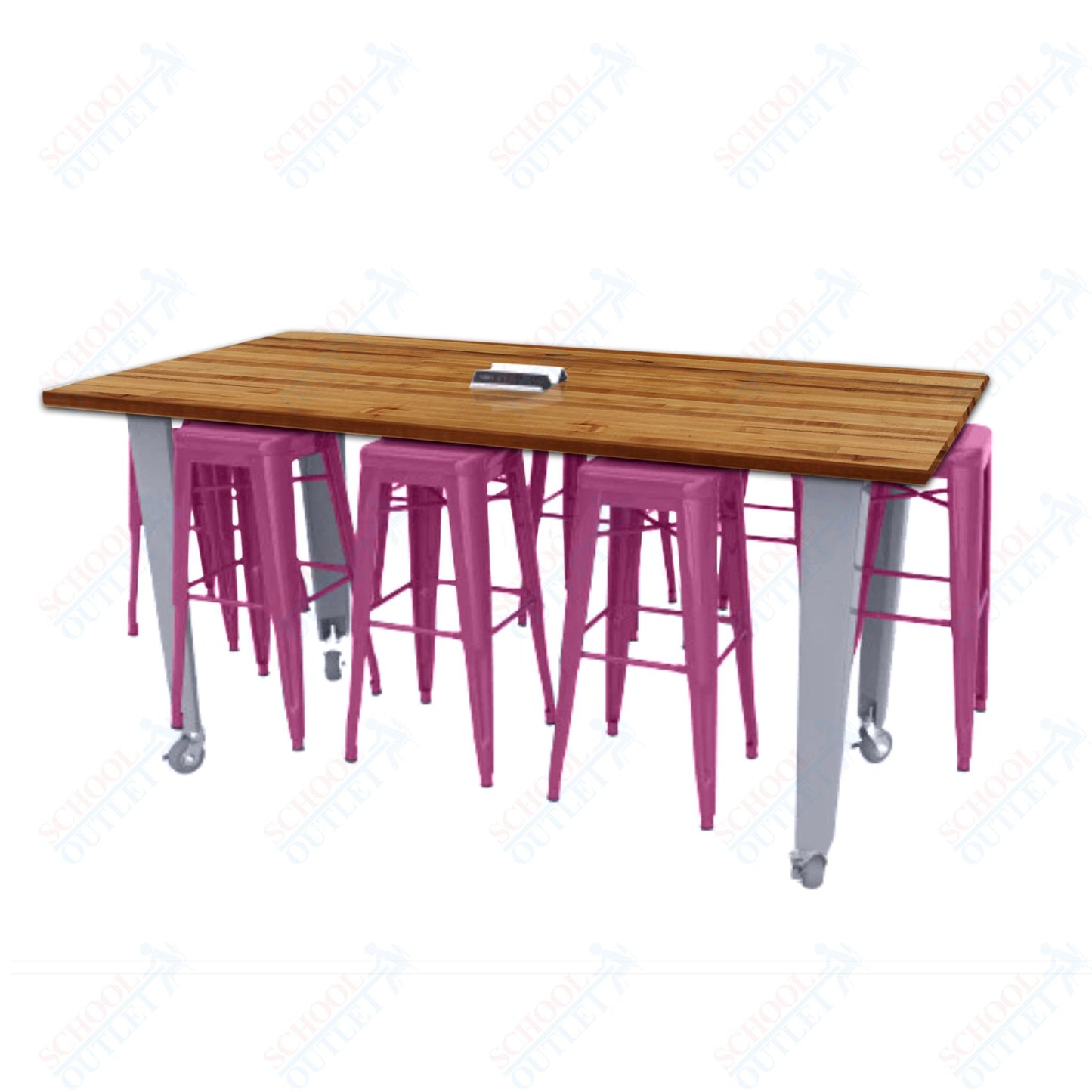 CEF IDEA Island Table 42" Height w/ 8-Seat - Butcher Block Top 84"W x 48"D with Steel Frame, 8 Stools and a Pop-up Dual Dock Electrical Station