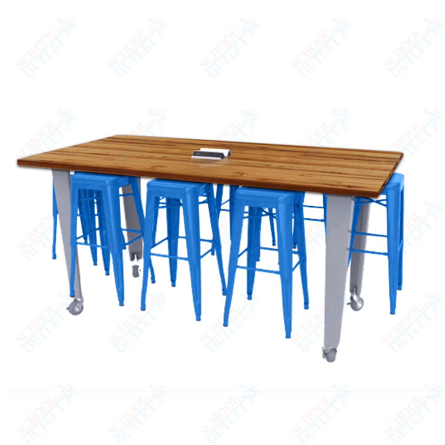CEF IDEA Island Table 42" Height w/ 8-Seat - Butcher Block Top 84"W x 48"D with Steel Frame, 8 Stools and a Pop-up Dual Dock Electrical Station