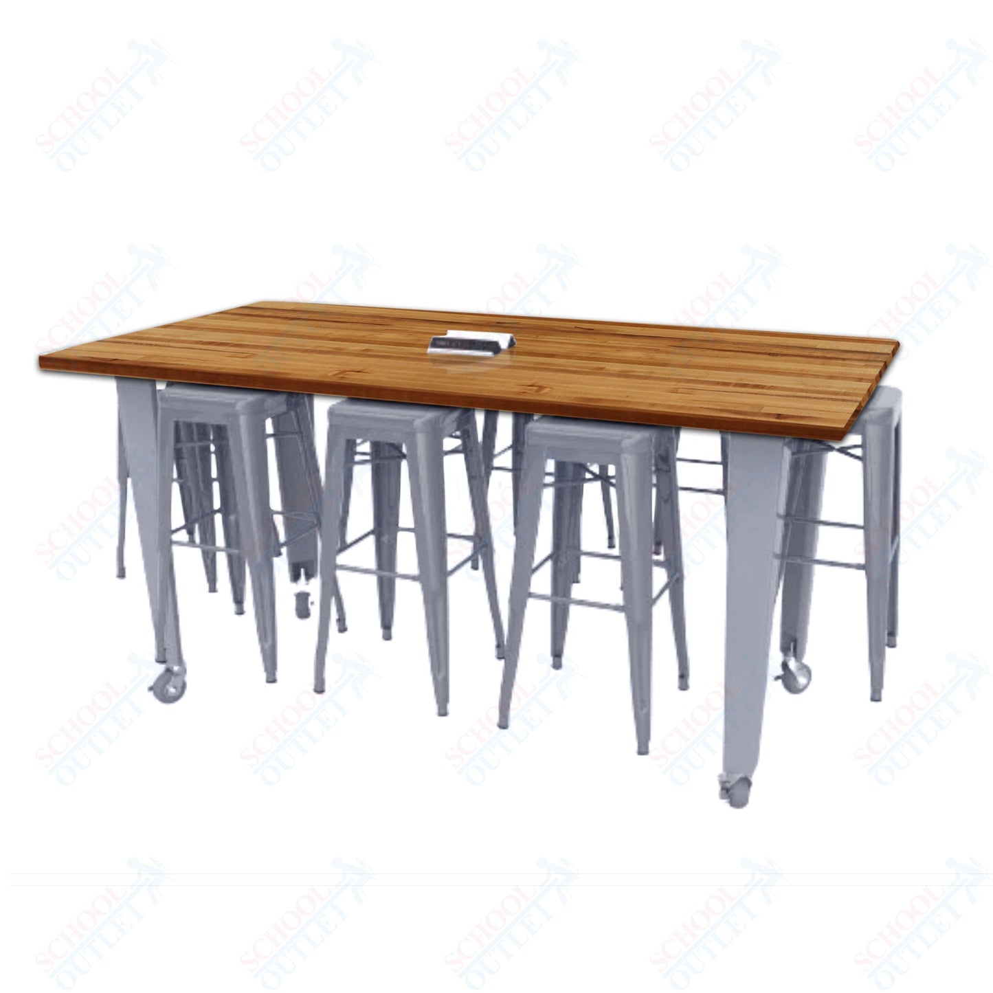 CEF IDEA Island Table 42" Height w/ 8-Seat - Butcher Block Top 84"W x 48"D with Steel Frame, 8 Stools and a Pop-up Dual Dock Electrical Station