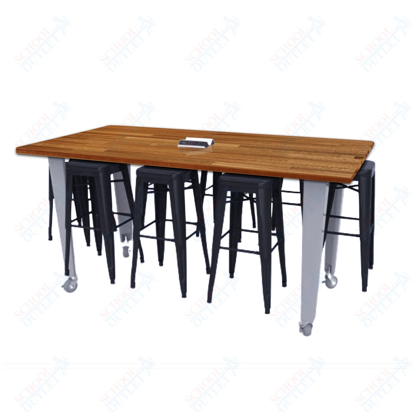 CEF IDEA Island Table 42" Height w/ 8-Seat - Butcher Block Top 84"W x 48"D with Steel Frame, 8 Stools and a Pop-up Dual Dock Electrical Station