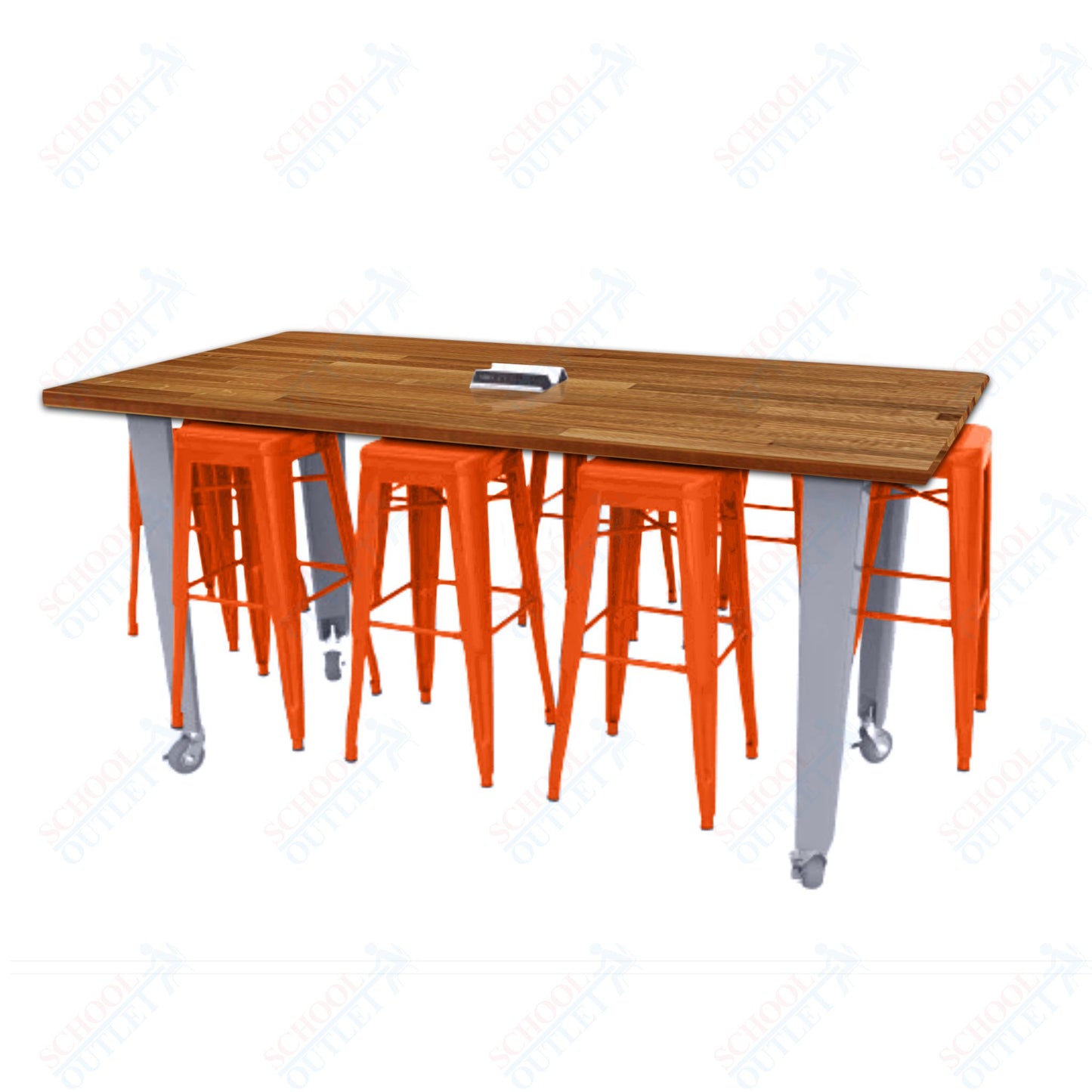 CEF IDEA Island Table 42" Height w/ 8-Seat - Butcher Block Top 84"W x 48"D with Steel Frame, 8 Stools and a Pop-up Dual Dock Electrical Station