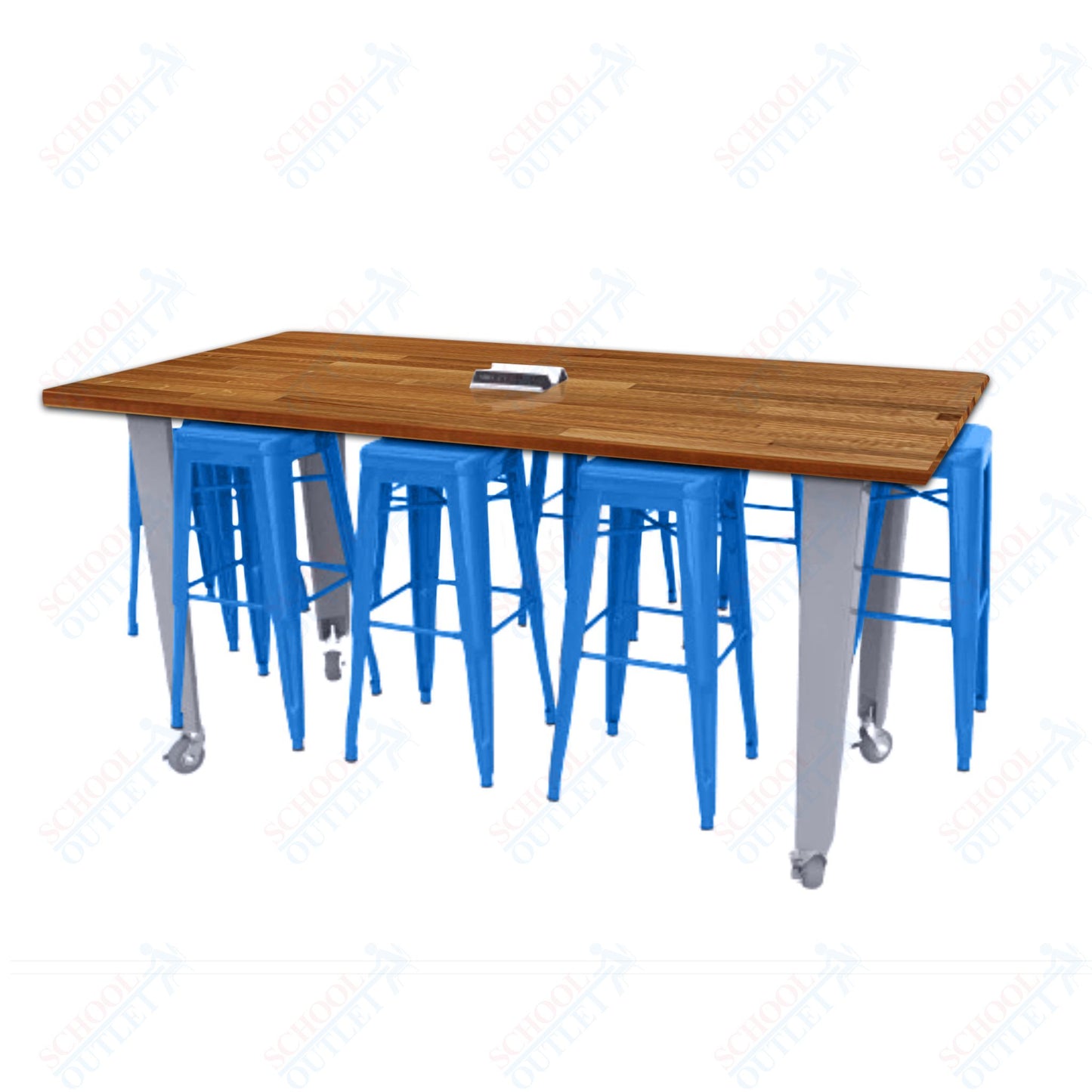 CEF IDEA Island Table 42" Height w/ 8-Seat - Butcher Block Top 84"W x 48"D with Steel Frame, 8 Stools and a Pop-up Dual Dock Electrical Station