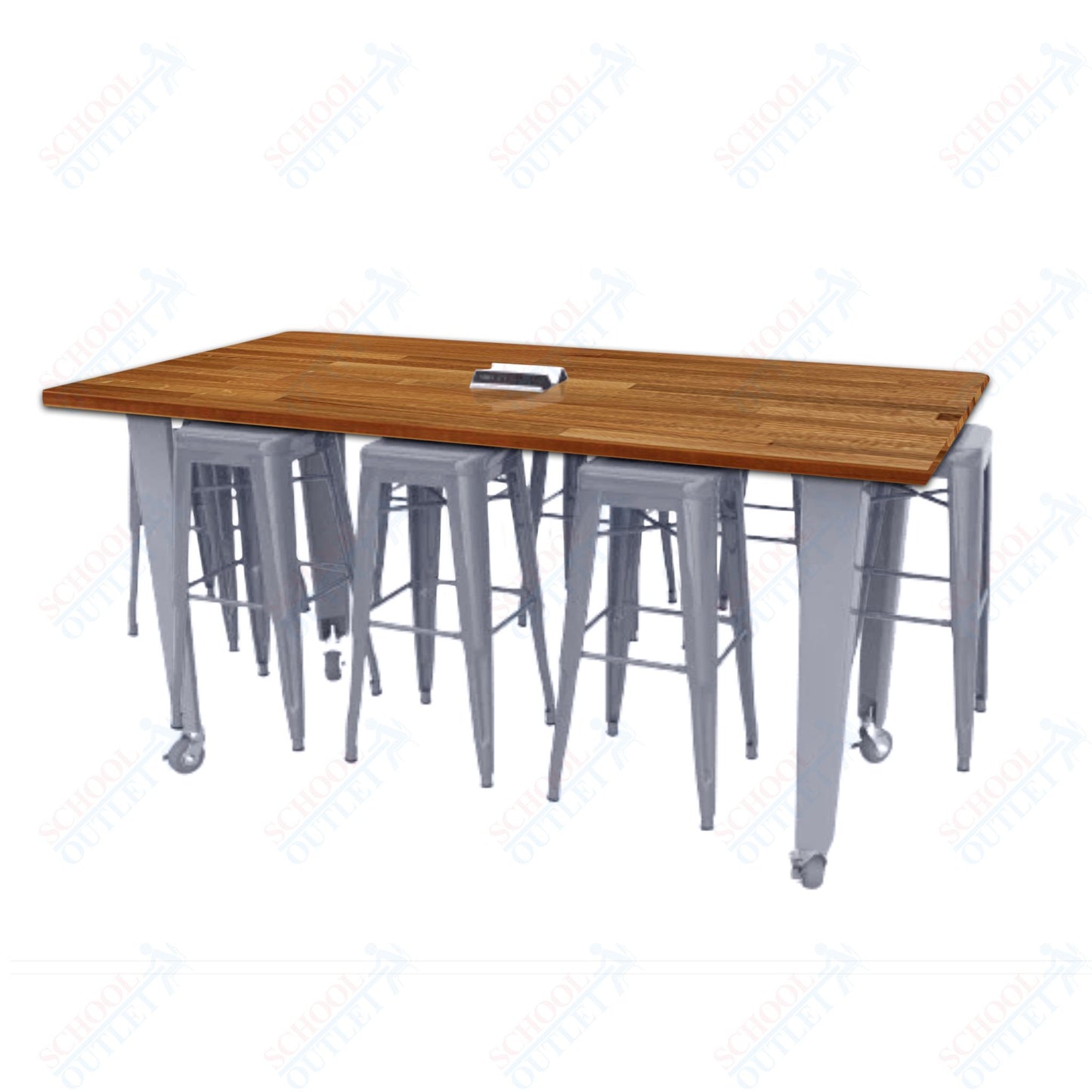 CEF IDEA Island Table 42" Height w/ 8-Seat - Butcher Block Top 84"W x 48"D with Steel Frame, 8 Stools and a Pop-up Dual Dock Electrical Station
