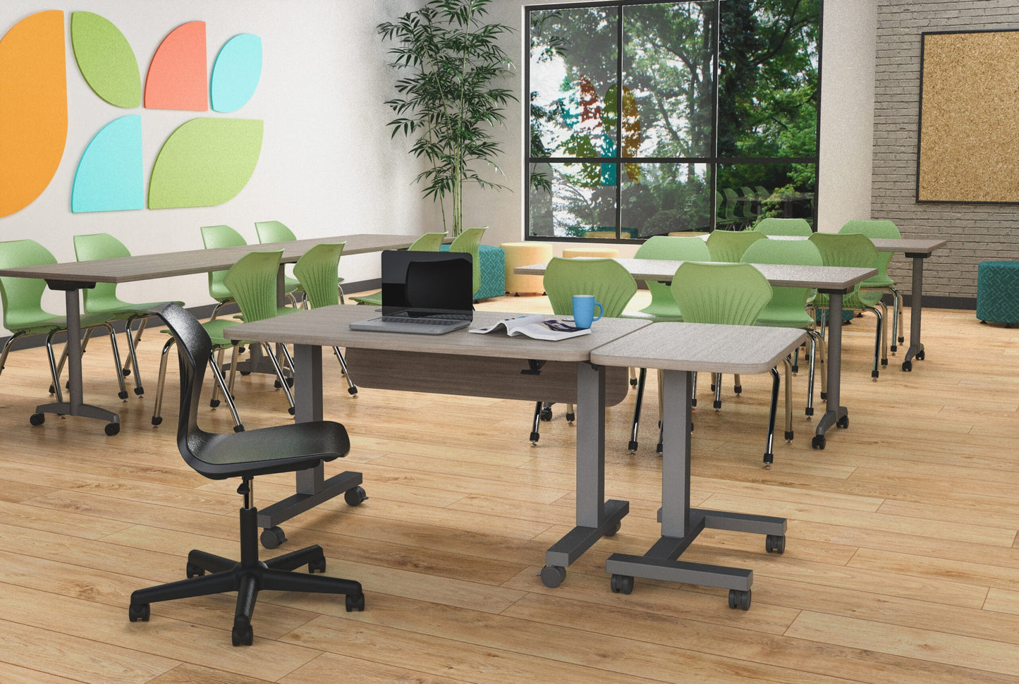 Marco Cue Height-Adjustable Teacher Desk with Mobile Podium - Pneumatic Sit-Stand Workstation 48"W x 30"D x 28"-42"H (MAR-371713-M)