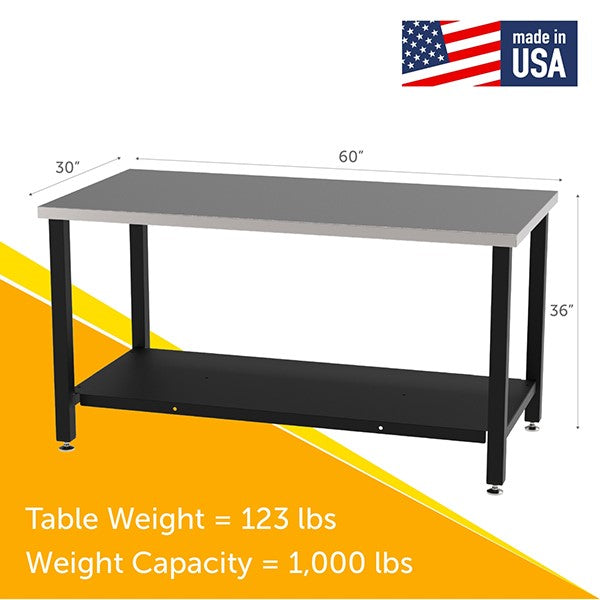 Diversified Woodcrafts Metal Fabrication Prep Table with Carbon Steel Top, Bottom Shelf & Self-Leveling Glides 60"W x 30"L x 36"H (DIV-DMW6030XX-PREP)