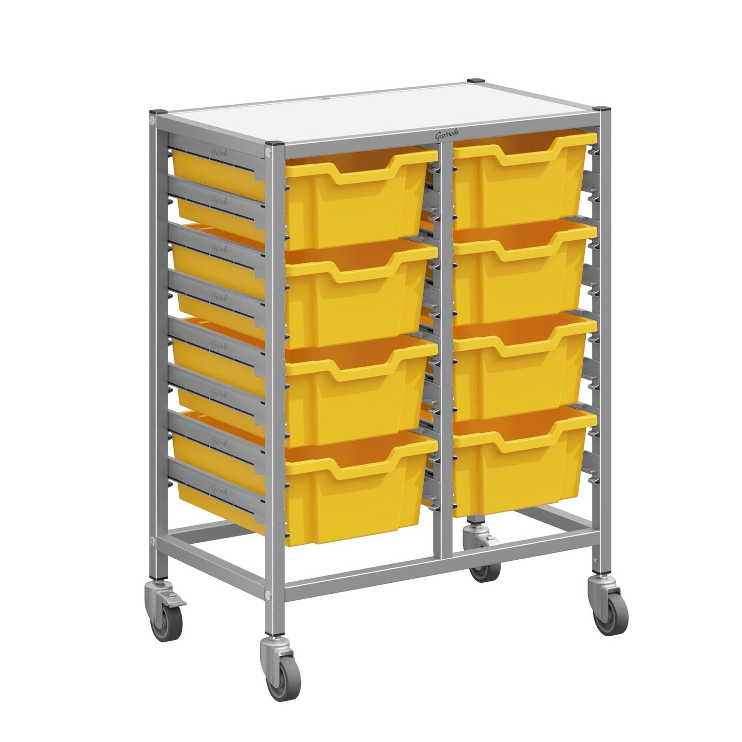 Gratnells Dynamis Double Cart Set 13 Silver with 3" 2 Braked Casters & Optional Feet and 8 - 6 inch deep Trays (GRA-DYTM244F02)