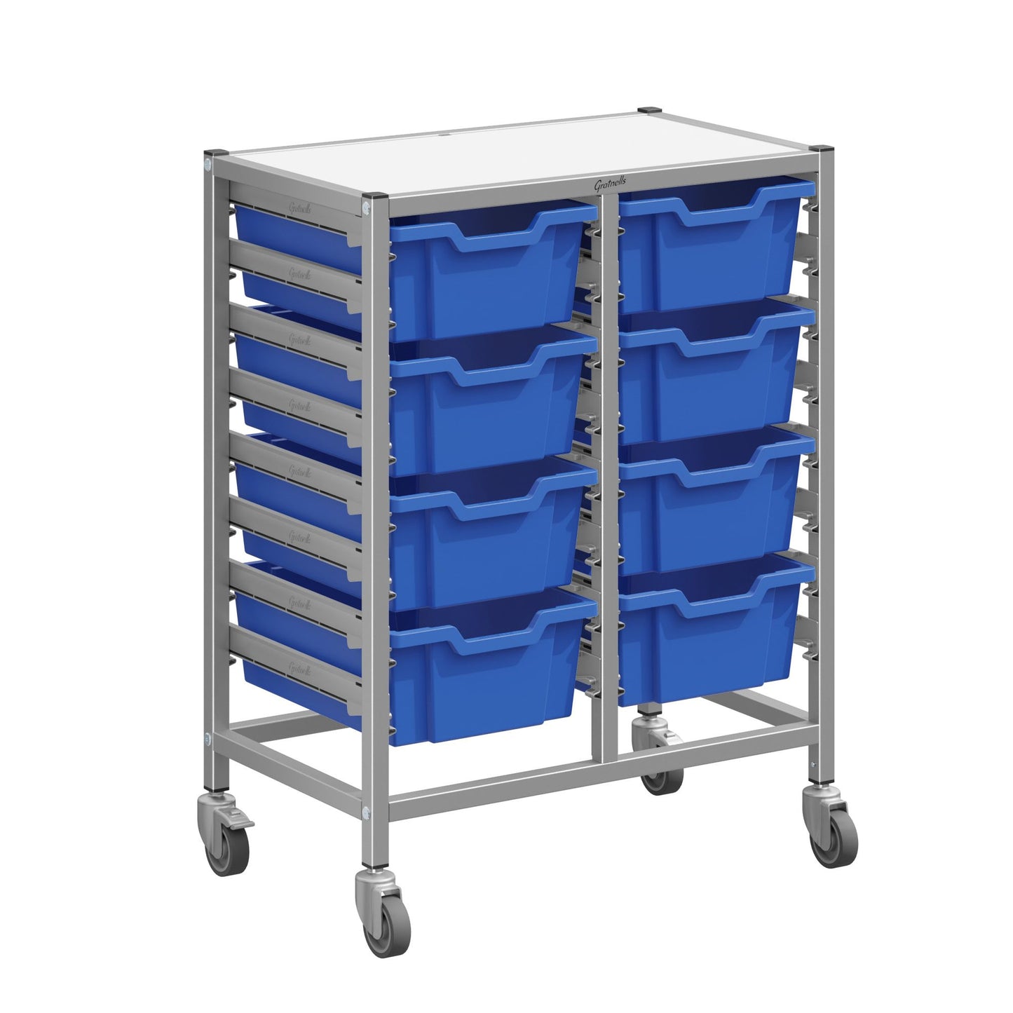 Gratnells Dynamis Double Cart Set 13 Silver with 3" 2 Braked Casters & Optional Feet and 8 - 6 inch deep Trays (GRA-DYTM244F02)