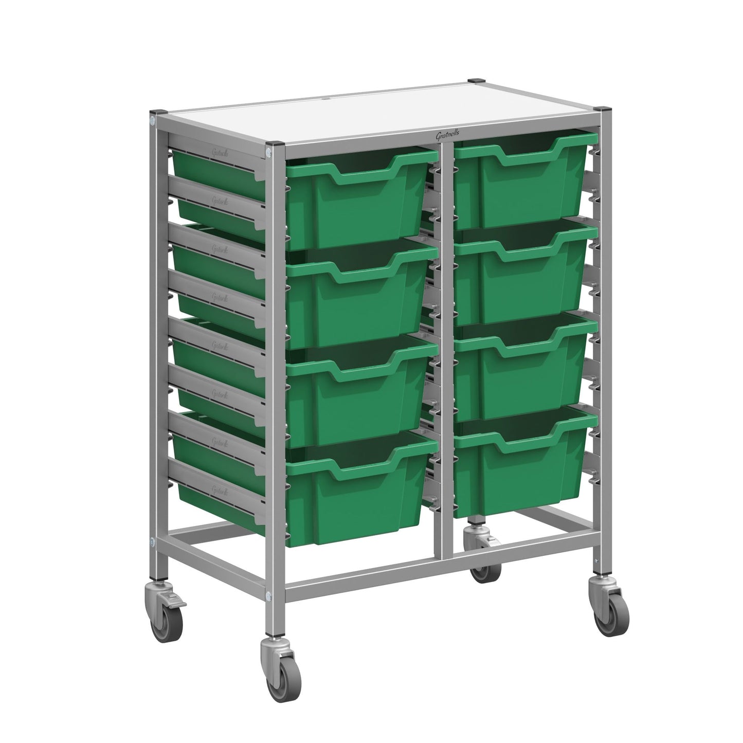 Gratnells Dynamis Double Cart Set 13 Silver with 3" 2 Braked Casters & Optional Feet and 8 - 6 inch deep Trays (GRA-DYTM244F02)