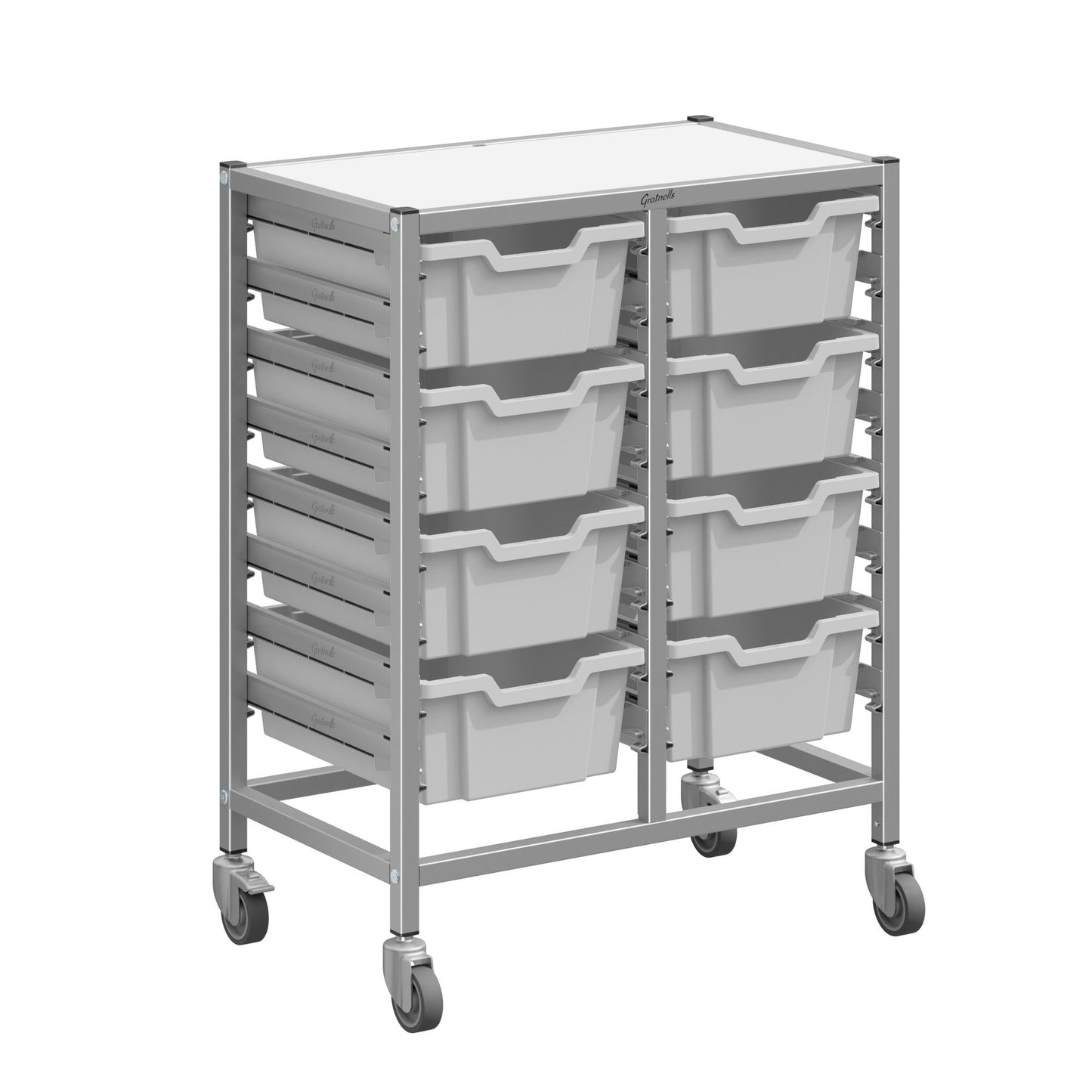 Gratnells Dynamis Double Cart Set 13 Silver with 3" 2 Braked Casters & Optional Feet and 8 - 6 inch deep Trays (GRA-DYTM244F02)