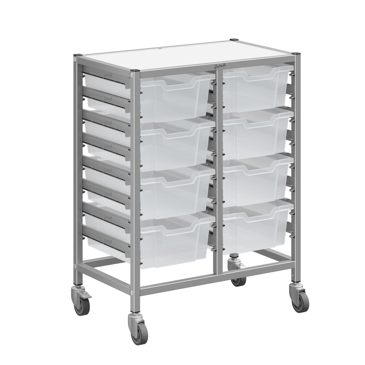 Gratnells Dynamis Double Cart Set 13 Silver with 3" 2 Braked Casters & Optional Feet and 8 - 6 inch deep Trays (GRA-DYTM244F02)