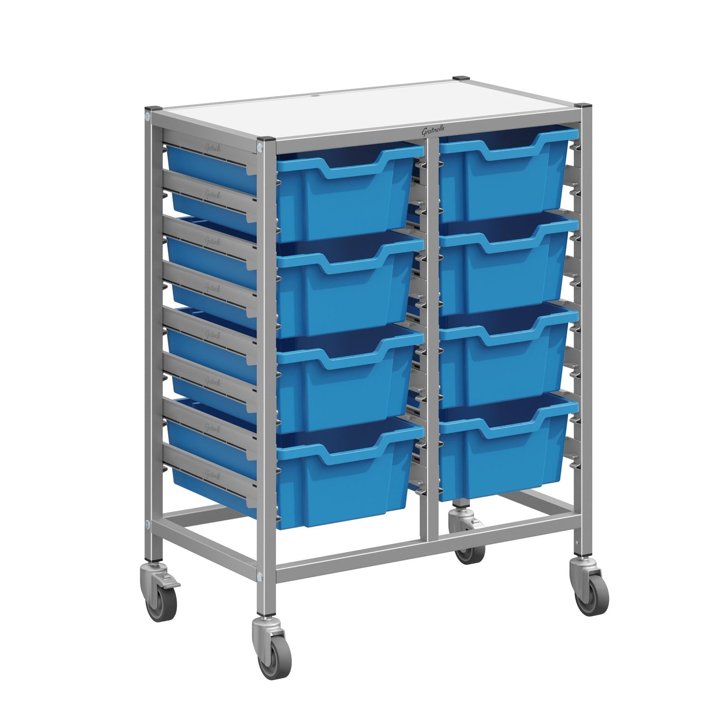 Gratnells Dynamis Double Cart Set 13 Silver with 3" 2 Braked Casters & Optional Feet and 8 - 6 inch deep Trays (GRA-DYTM244F02)