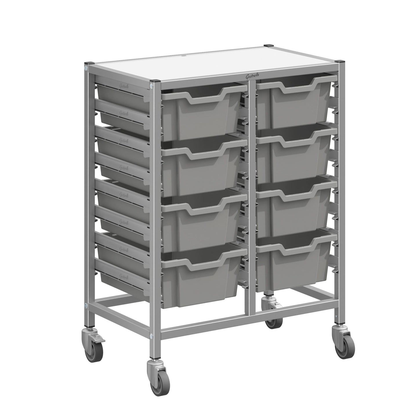 Gratnells Dynamis Double Cart Set 13 Silver with 3" 2 Braked Casters & Optional Feet and 8 - 6 inch deep Trays (GRA-DYTM244F02)