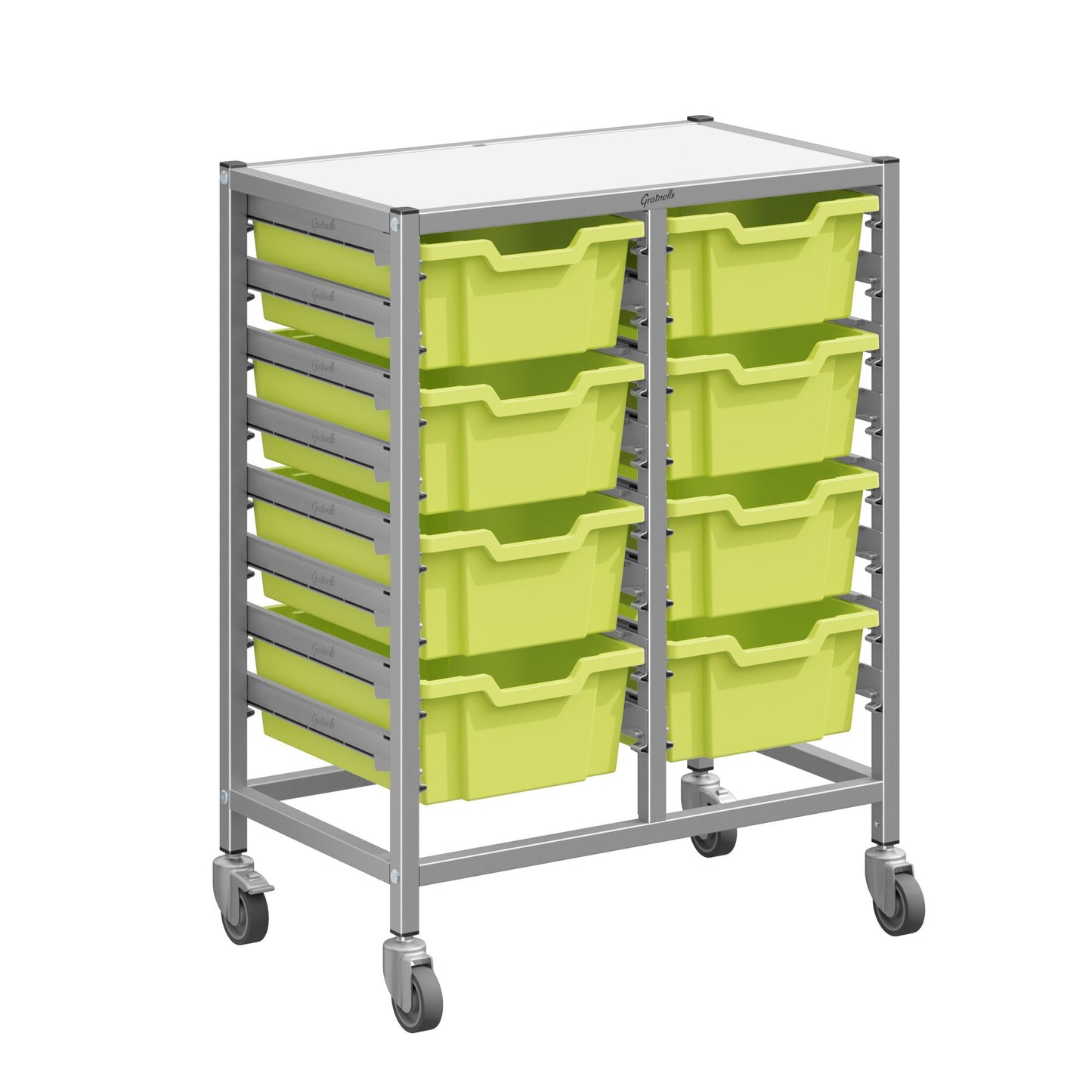 Gratnells Dynamis Double Cart Set 13 Silver with 3" 2 Braked Casters & Optional Feet and 8 - 6 inch deep Trays (GRA-DYTM244F02)