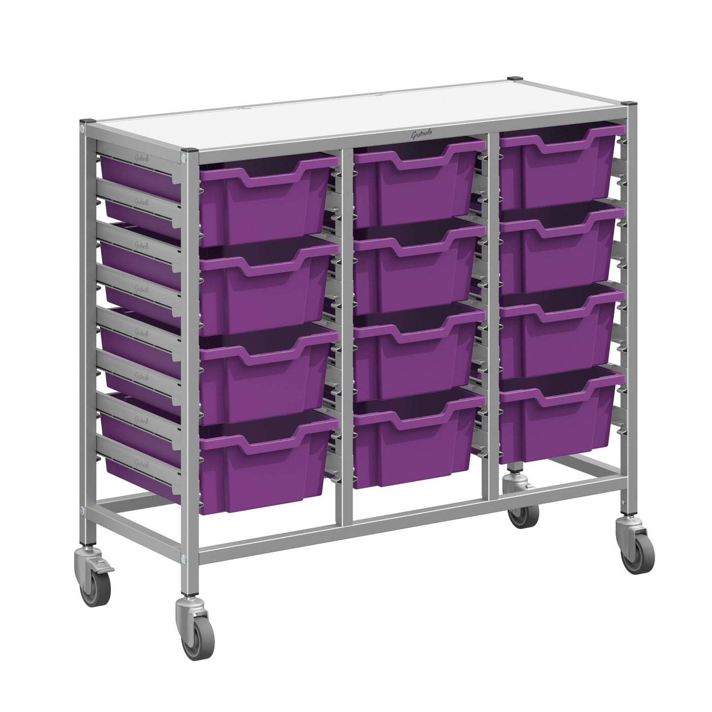 Gratnells Dynamis Triple Cart Set 7 Silver with 3" 2 Braked Casters & Optional Feet and 12 - 6 inch deep Trays (GRA-DYTM344F02)