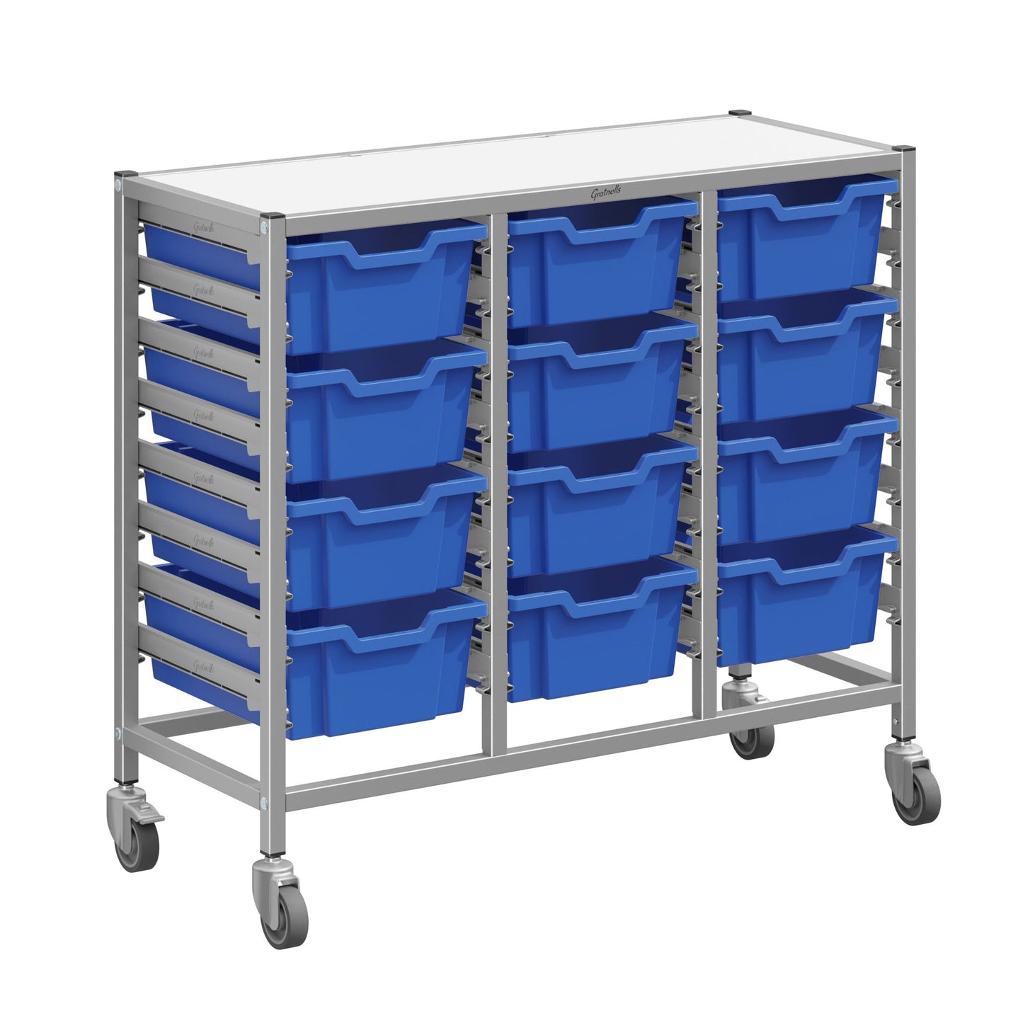 Gratnells Dynamis Triple Cart Set 7 Silver with 3" 2 Braked Casters & Optional Feet and 12 - 6 inch deep Trays (GRA-DYTM344F02)