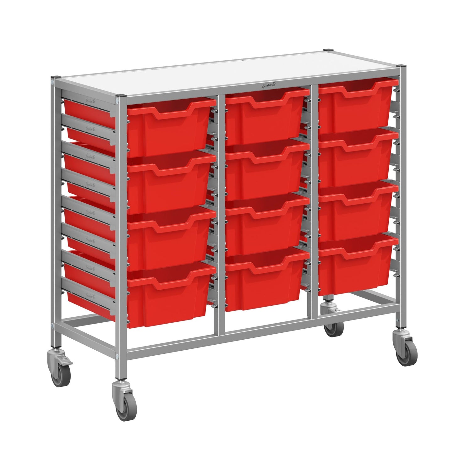 Gratnells Dynamis Triple Cart Set 7 Silver with 3" 2 Braked Casters & Optional Feet and 12 - 6 inch deep Trays (GRA-DYTM344F02)