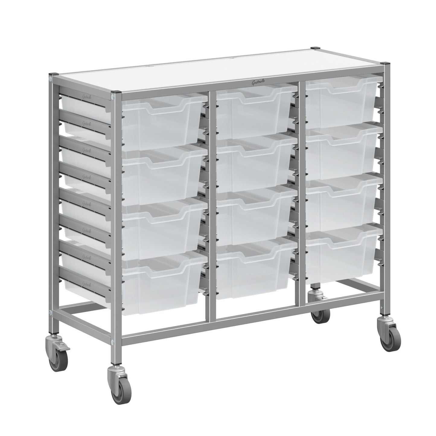 Gratnells Dynamis Triple Cart Set 7 Silver with 3" 2 Braked Casters & Optional Feet and 12 - 6 inch deep Trays (GRA-DYTM344F02)