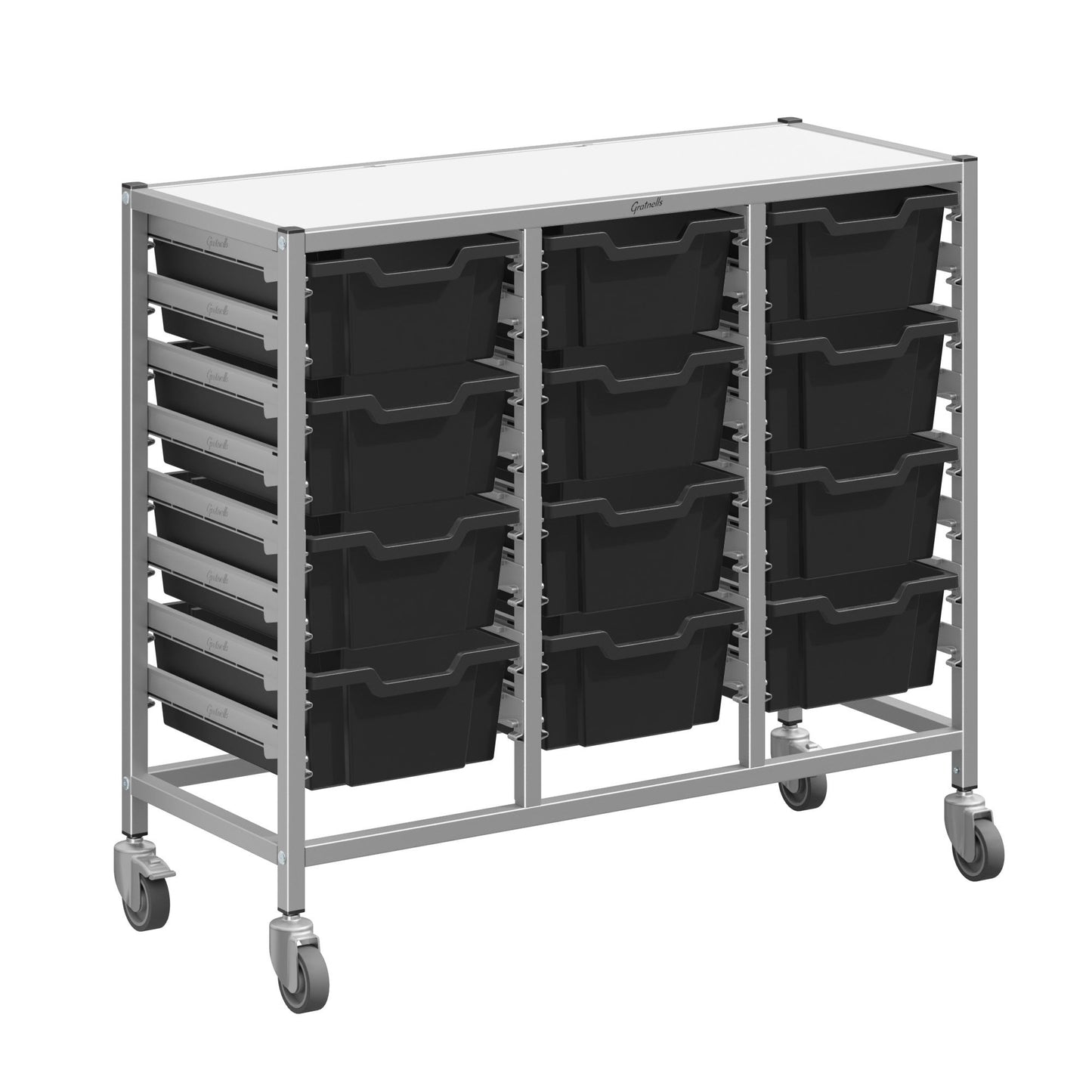 Gratnells Dynamis Triple Cart Set 7 Silver with 3" 2 Braked Casters & Optional Feet and 12 - 6 inch deep Trays (GRA-DYTM344F02)