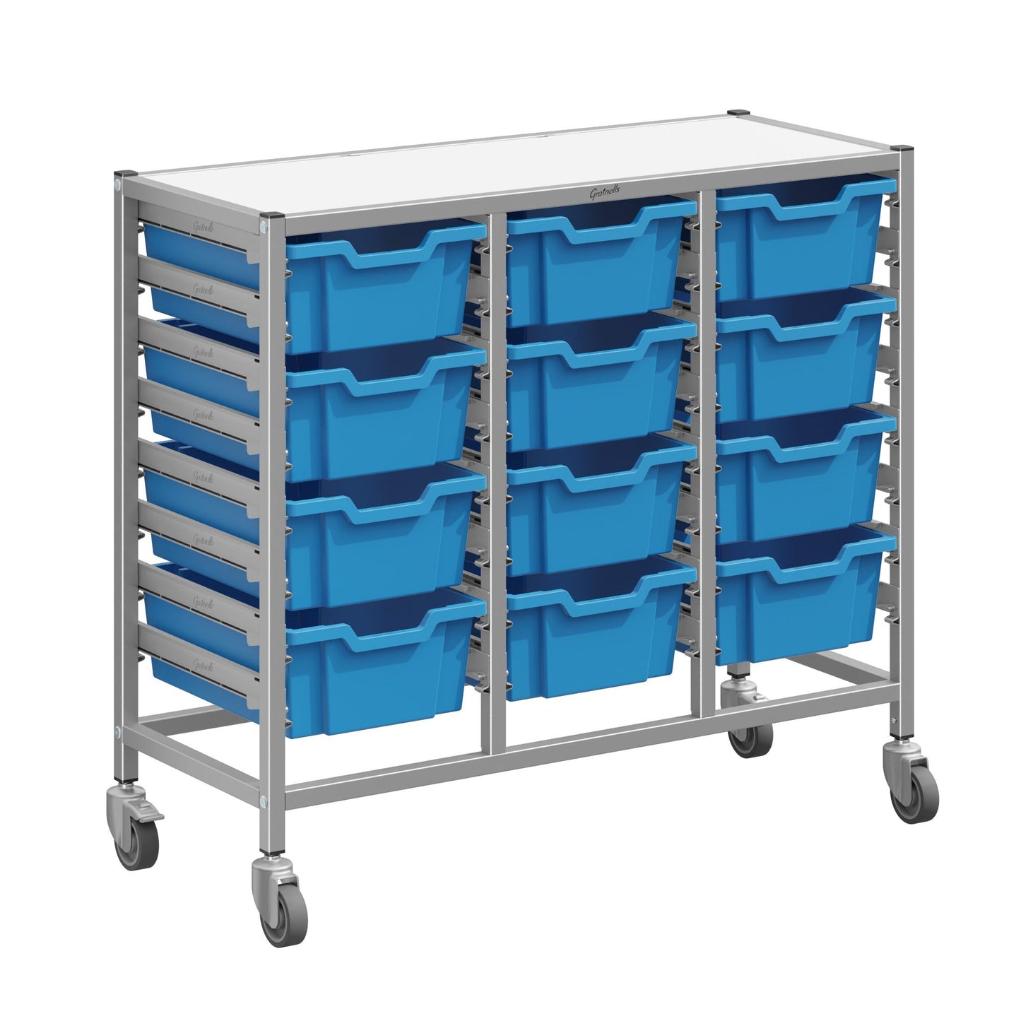 Gratnells Dynamis Triple Cart Set 7 Silver with 3" 2 Braked Casters & Optional Feet and 12 - 6 inch deep Trays (GRA-DYTM344F02)