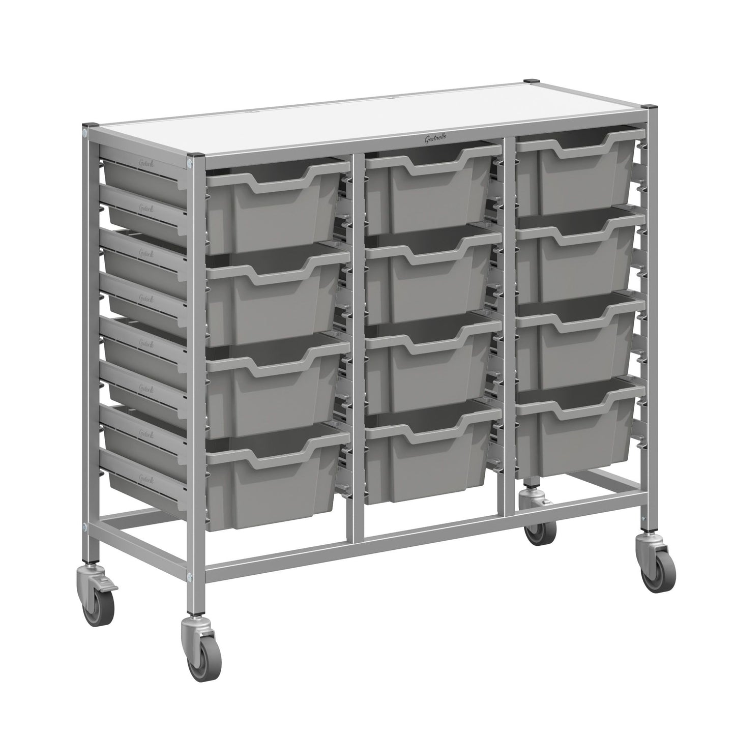 Gratnells Dynamis Triple Cart Set 7 Silver with 3" 2 Braked Casters & Optional Feet and 12 - 6 inch deep Trays (GRA-DYTM344F02)