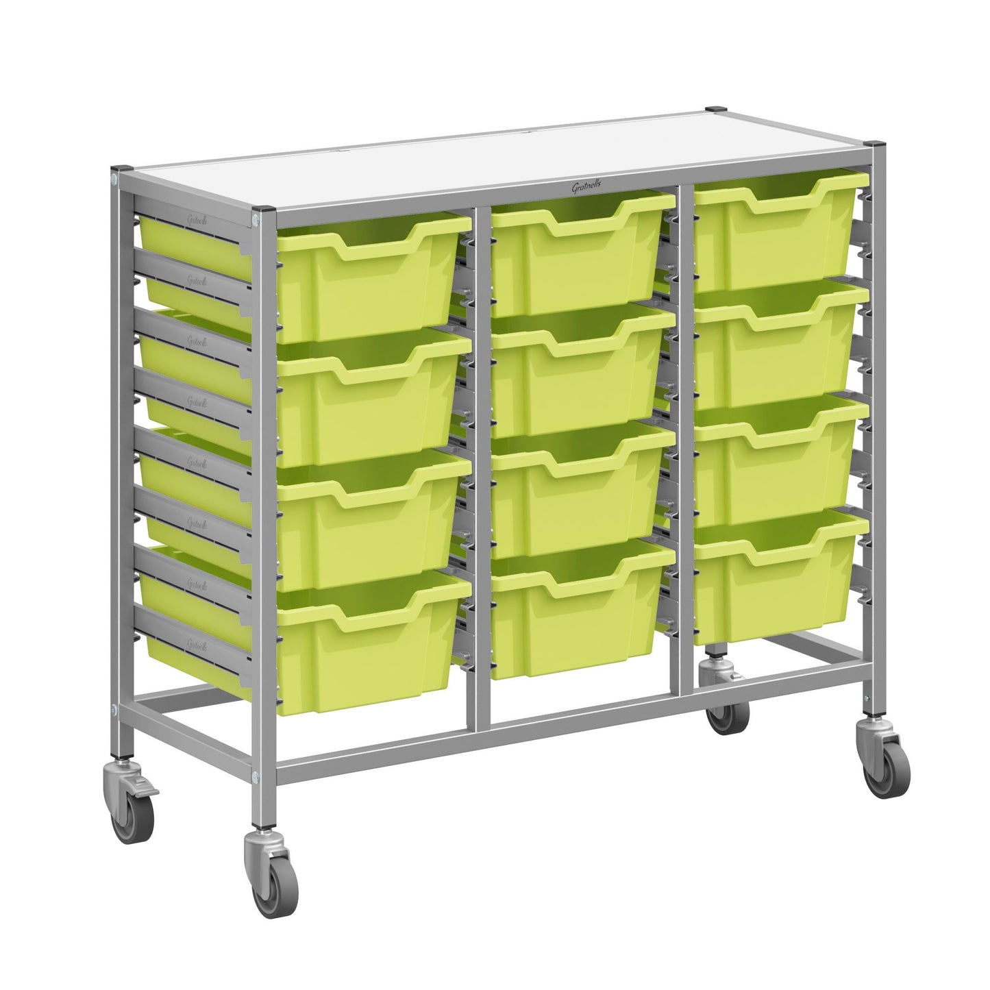 Gratnells Dynamis Triple Cart Set 7 Silver with 3" 2 Braked Casters & Optional Feet and 12 - 6 inch deep Trays (GRA-DYTM344F02)