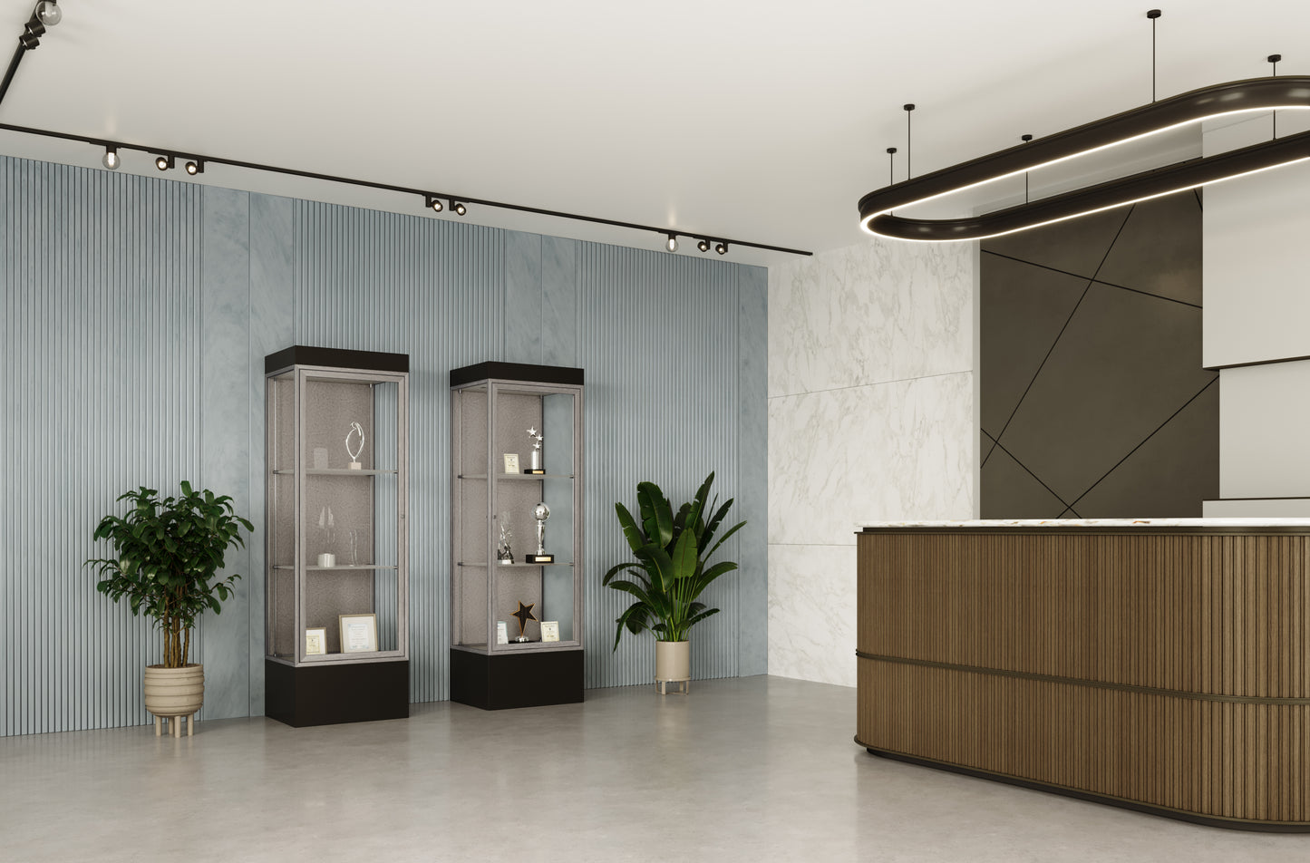 Ghent Edge Floor Display Case Lighted 12"H Laminate Base Finish, Aluminum Frame - 76"H x 24"W x 20"D (93LFXX)