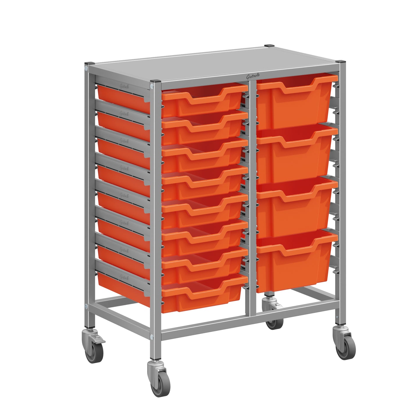 Gratnells Dynamis Lab & Healthcare Mid Double Cart Silver with Casters and 8 Shallow|4 Deep Trays (GRA-DYAM244-XX-004)