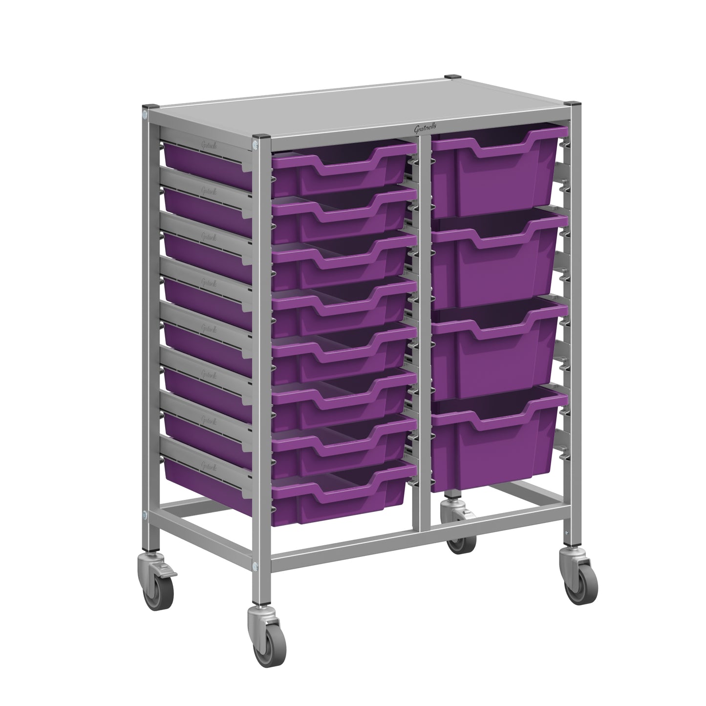 Gratnells Dynamis Lab & Healthcare Mid Double Cart Silver with Casters and 8 Shallow|4 Deep Trays (GRA-DYAM244-XX-004)