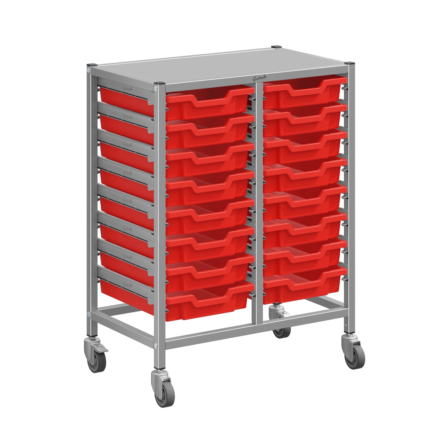 Gratnells Dynamis Lab & Healthcare Mid Double Cart Silver with Casters and 16 Shallow Trays (GRA-DYAM244-XX-001)