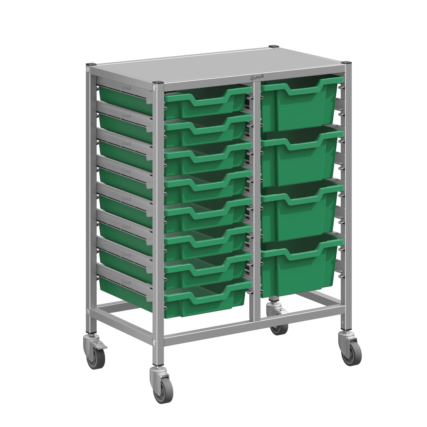 Gratnells Dynamis Lab & Healthcare Mid Double Cart Silver with Casters and 8 Shallow|4 Deep Trays (GRA-DYAM244-XX-004)