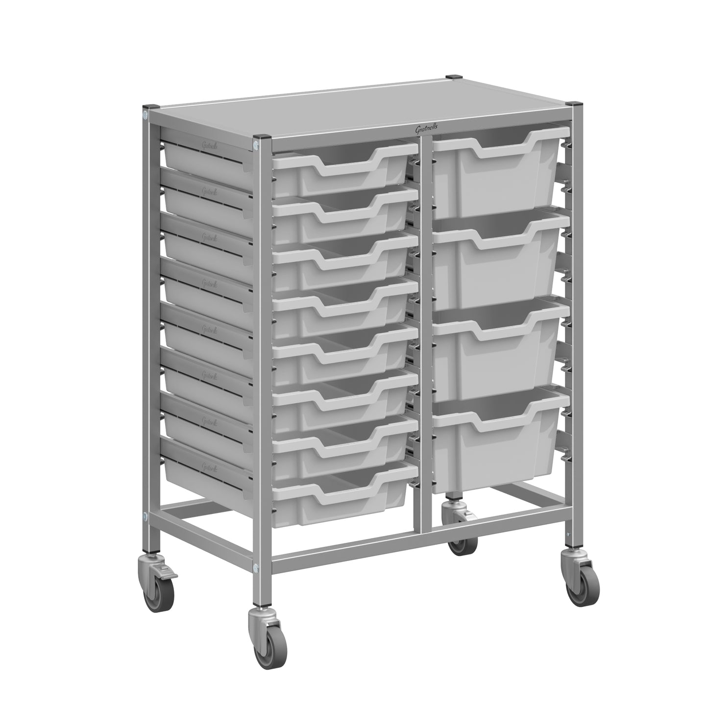 Gratnells Dynamis Lab & Healthcare Mid Double Cart Silver with Casters and 8 Shallow|4 Deep Trays (GRA-DYAM244-XX-004)