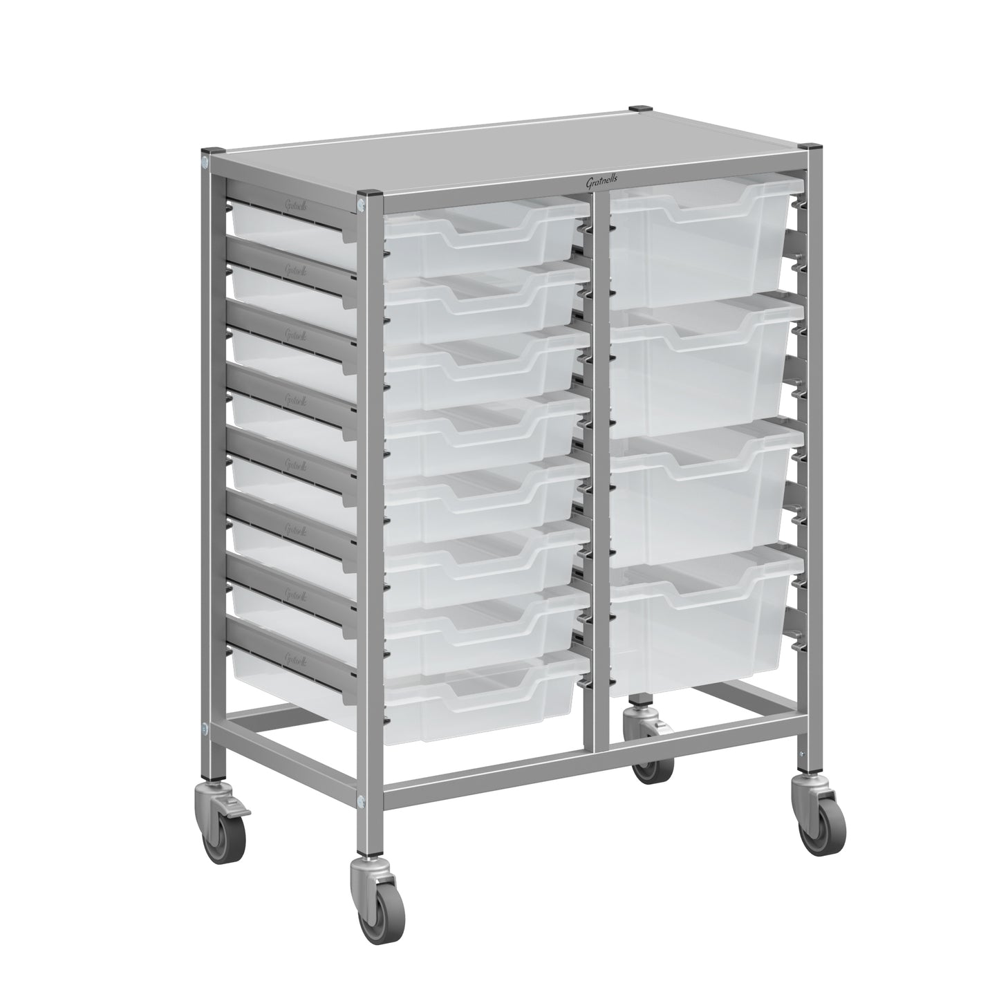 Gratnells Dynamis Lab & Healthcare Mid Double Cart Silver with Casters and 8 Shallow|4 Deep Trays (GRA-DYAM244-XX-004)