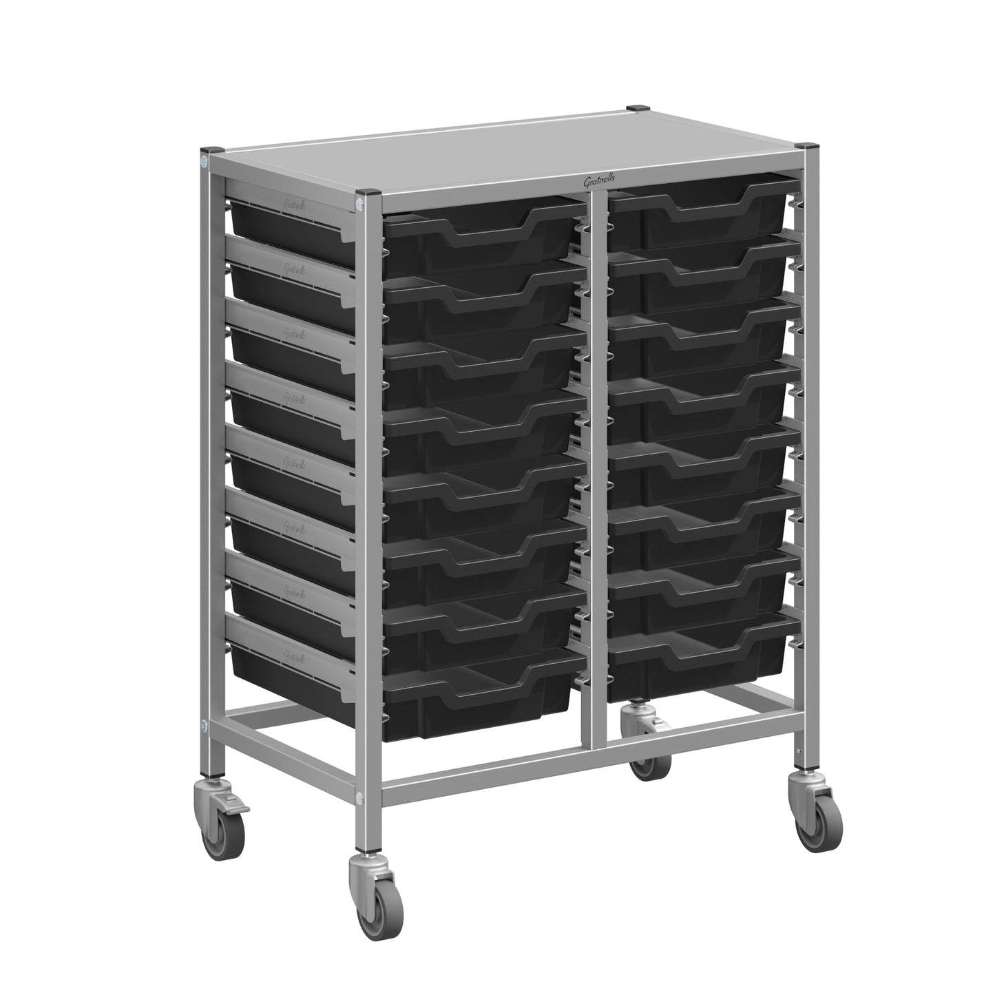 Gratnells Dynamis Lab & Healthcare Mid Double Cart Silver with Casters and 16 Shallow Trays (GRA-DYAM244-XX-001)